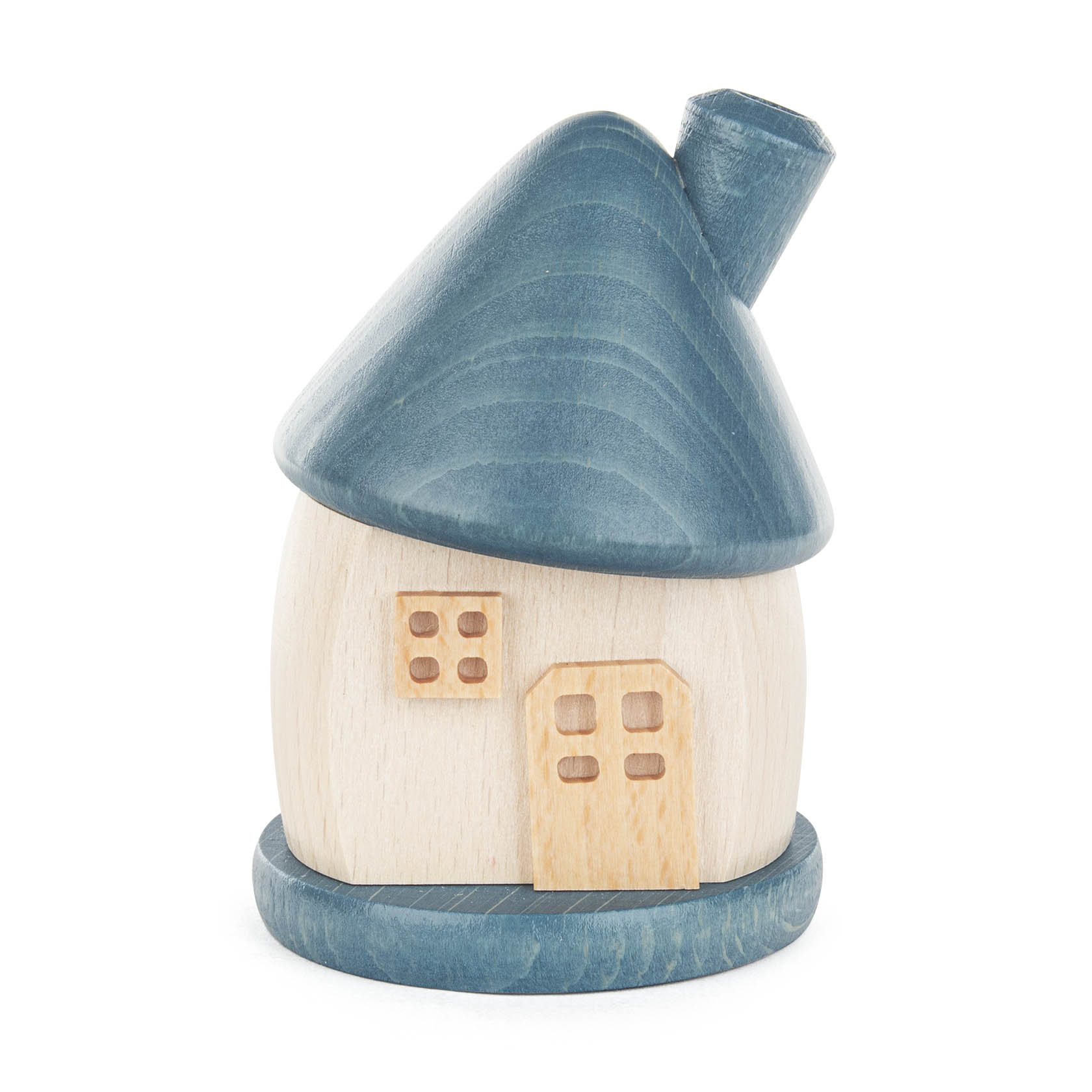 Ein kleines Räucherhaus aus Holz mit einem runden, weißen Korpus und einem graublauen, schiefen Dach sowie einem Schornstein. im Dregeno Online Shop günstig kaufen