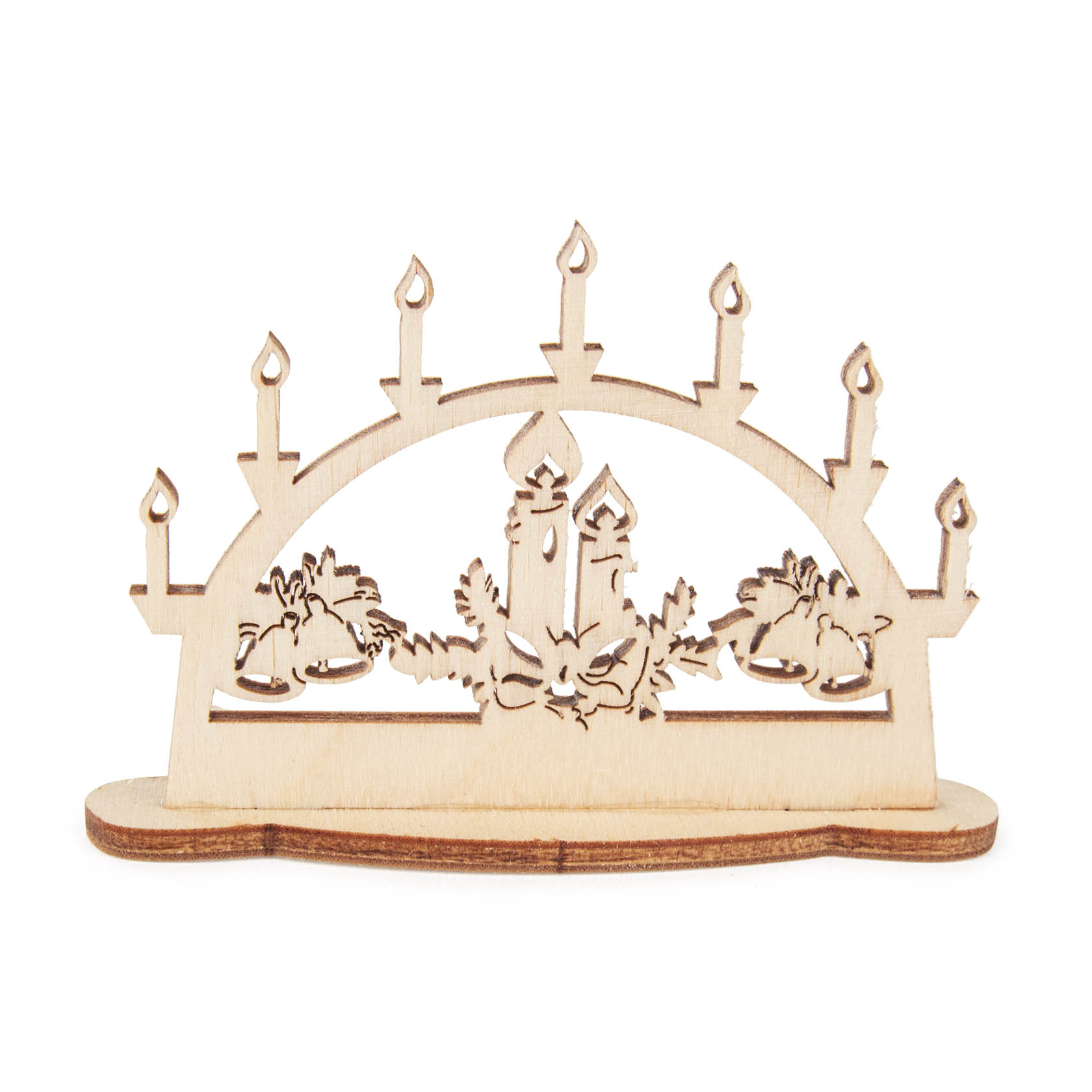 Mini-Schwibbogen aus Holz mit sechs kleinen Kerzen auf dem Bogen, zwei größere Kerzen in der Mitte und Dekorationen darunter. im Dregeno Online Shop günstig kaufen