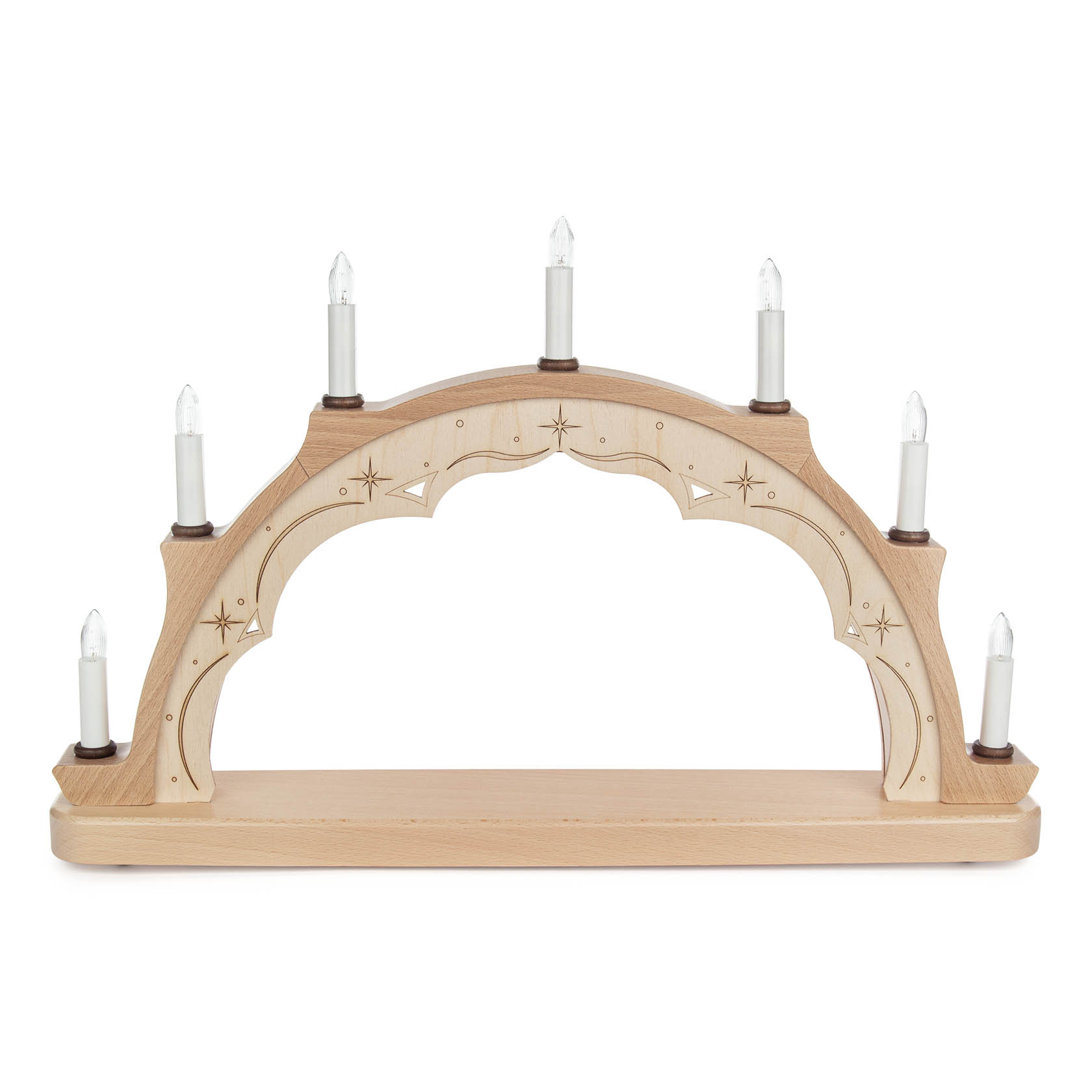 Elektrischer Schwibbogen aus Holz mit sternförmigen Schnitzereien, ohne Figuren oder Dekorationen, mit sieben Kerzen bestückt. im Dregeno Online Shop günstig kaufen