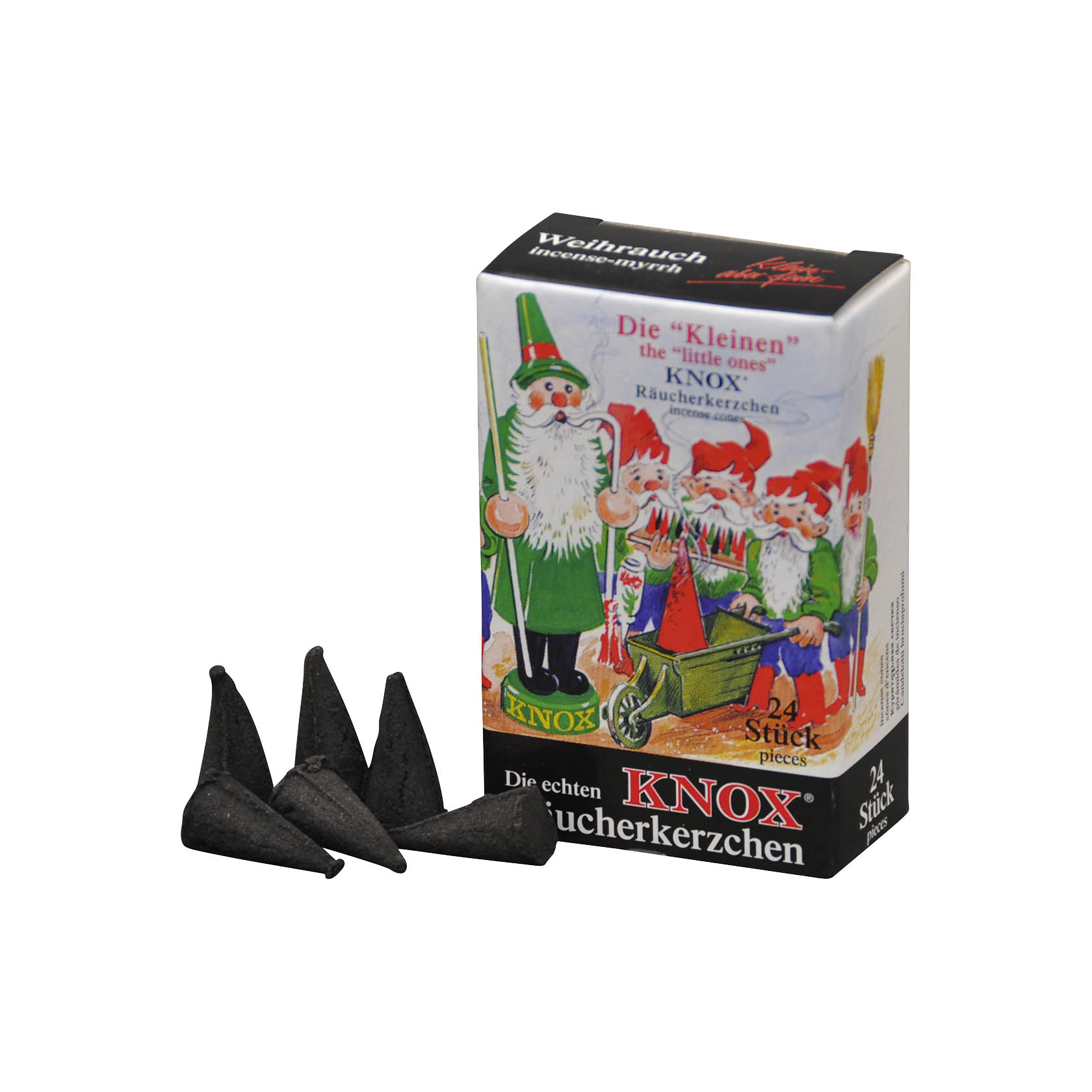 Vier kleine, dunkelgrüne Räucherkerzen in Kegelform mit Rauchausstoß neben einer Verpackung, die den Schriftzug KNOX trägt. im Dregeno Online Shop günstig kaufen