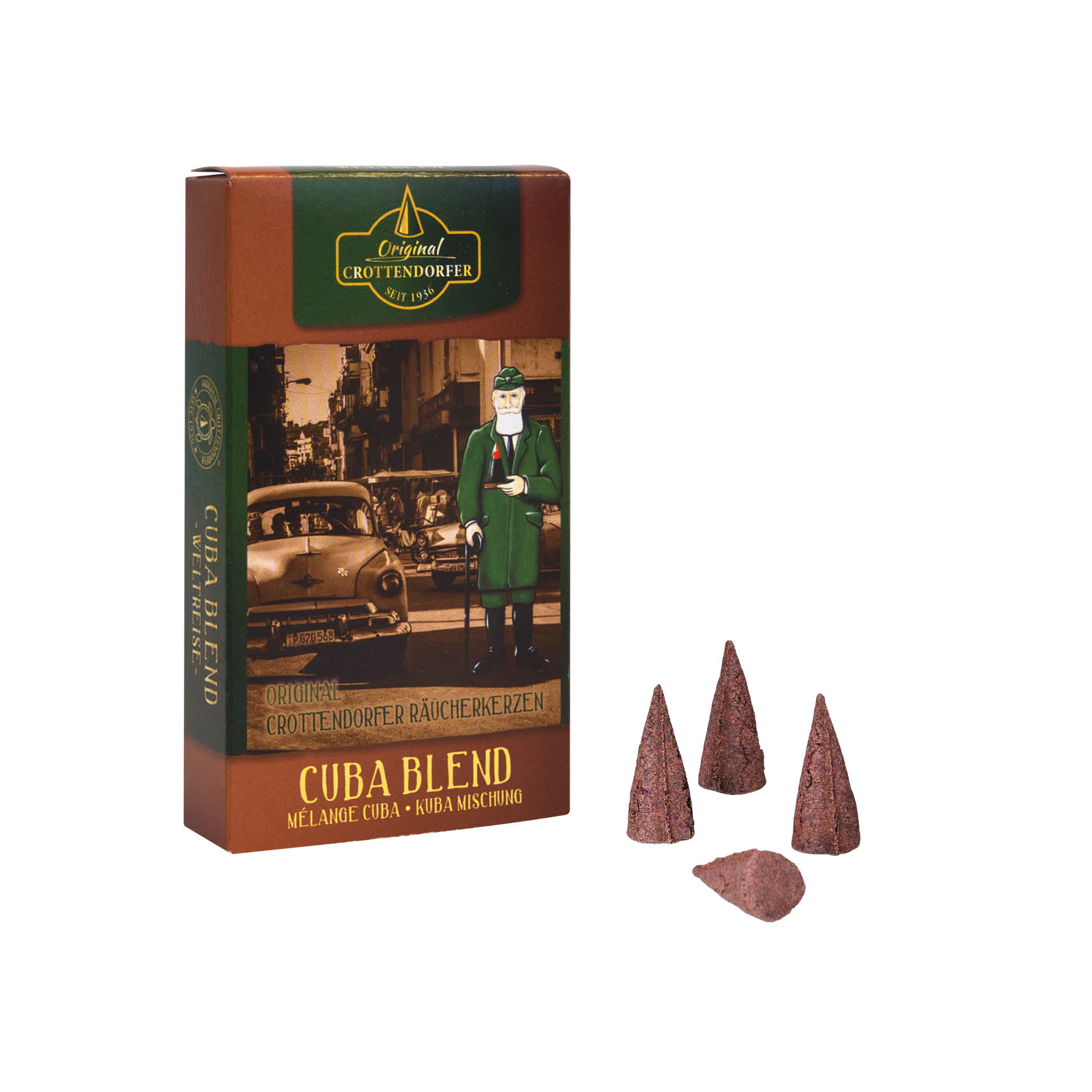 Verpackung von Crottendorfer Räucherkerzen mit der Aufschrift 'Cuba Blend Weltreise'. Drei dunkelbraune Räucherkerzenkegel liegen davor. im Dregeno Online Shop günstig kaufen