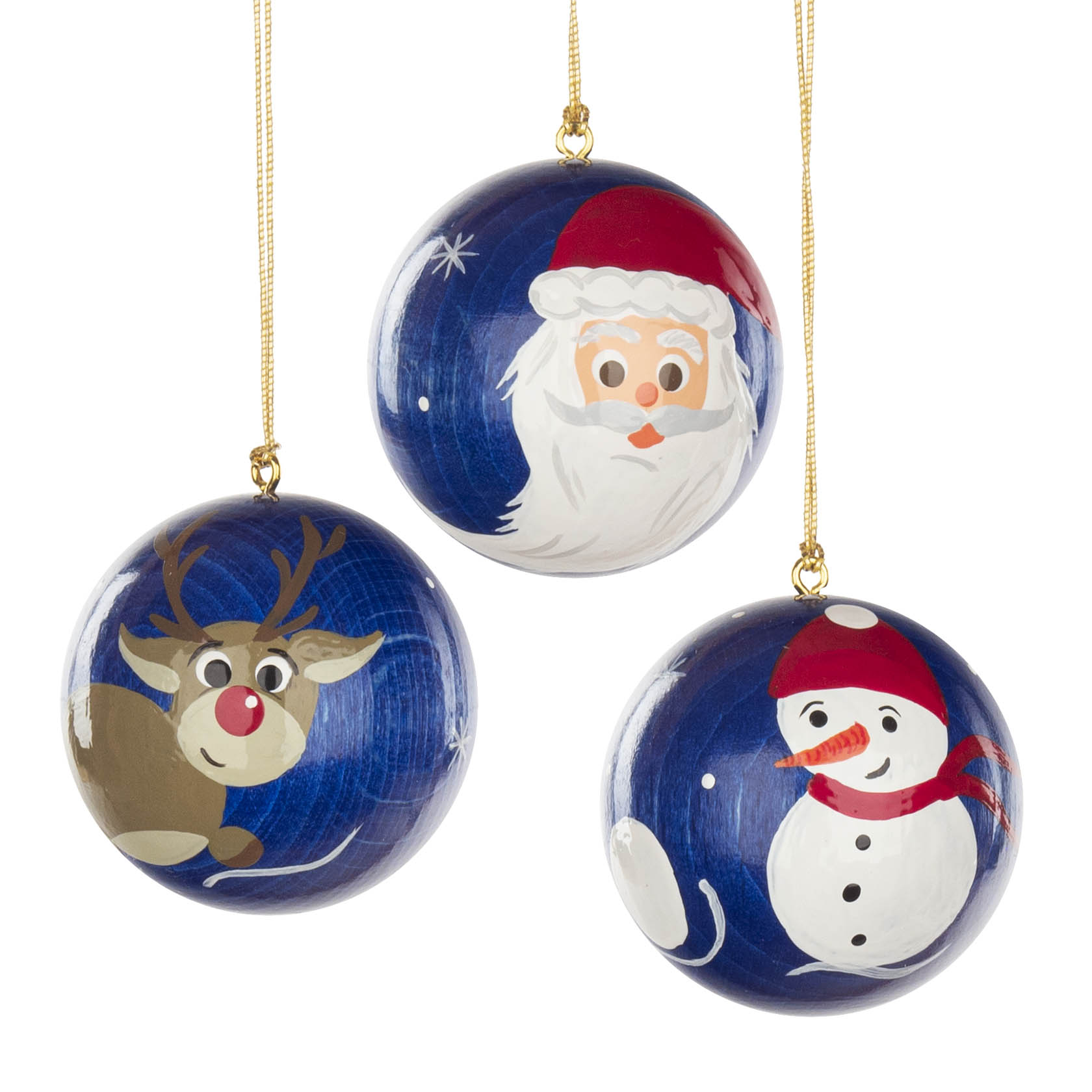 Drei blaue Weihnachtsbaumkugeln, jeweils 4 cm groß. Eine Kugel zeigt ein Rentier, die zweite einen Weihnachtsmann und die dritte einen Schneemann. im Dregeno Online Shop günstig kaufen