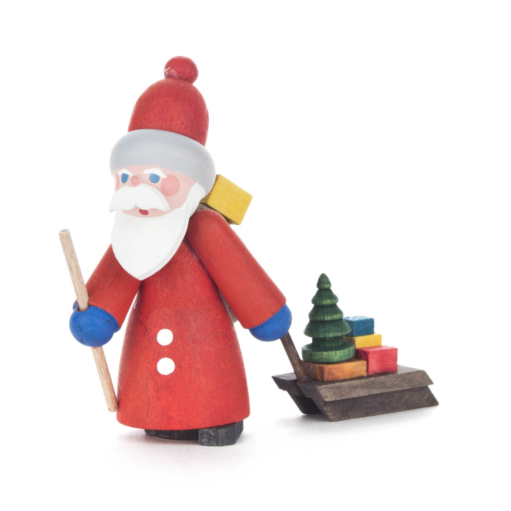 Holzspielzeug-Weihnachtsmann mit rotem Mantel und Hut, blauer Handschuh, weißem Bart, hält ein Stöckchen in der Hand, mit kleinem Schlitten voller bunter Geschenke. im Dregeno Online Shop günstig kaufen