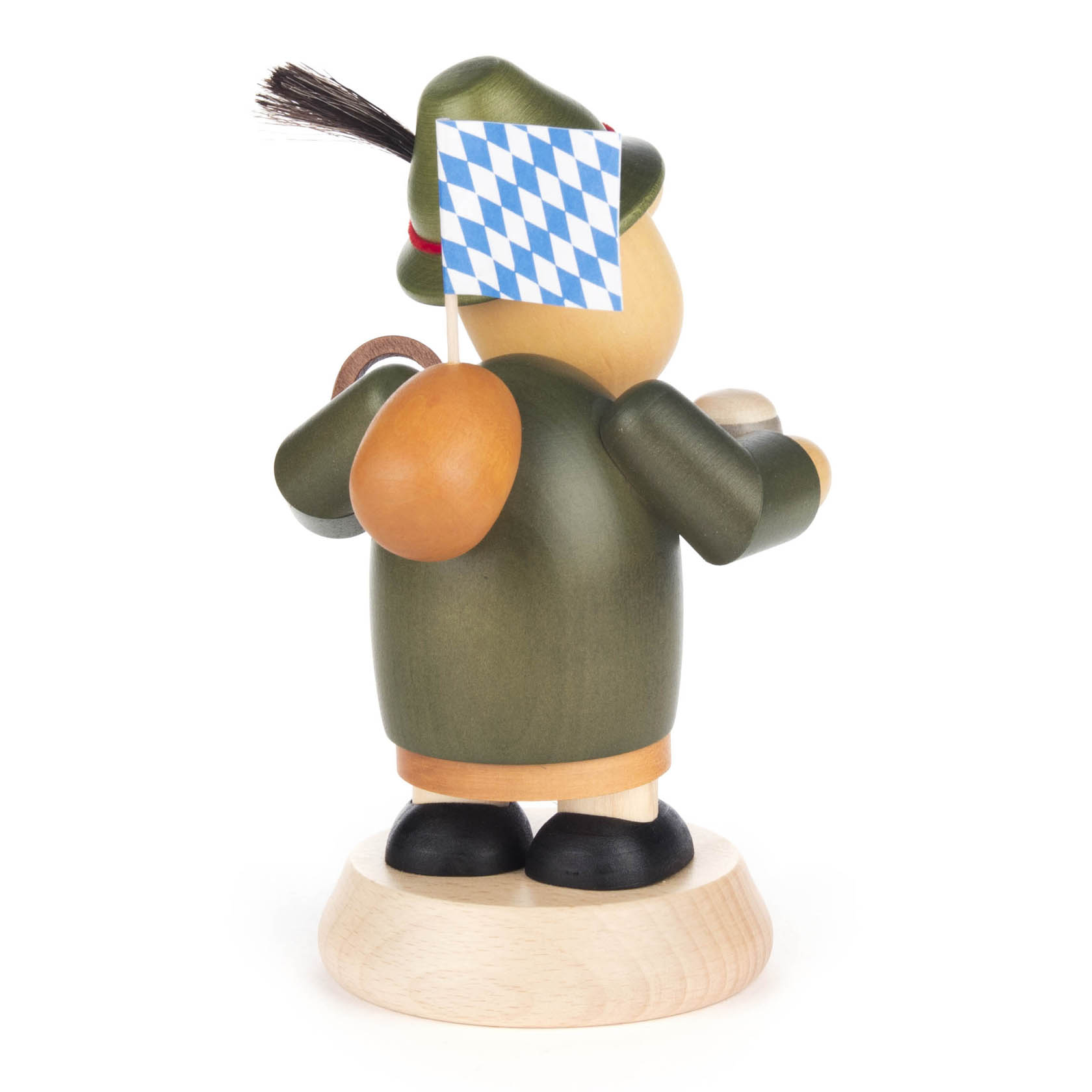 Wooden incense smoker figure in traditional Bavarian attire, holding a Bavarian flag, with a feathered green hat and a bag.