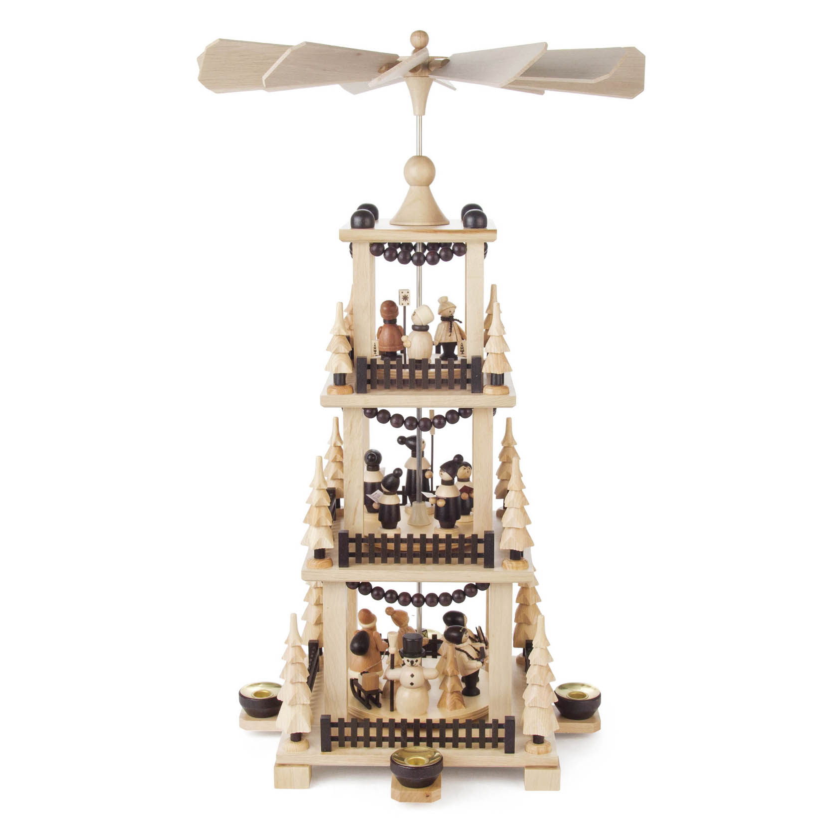 Holzpyramide mit drei Ebenen, bestückt mit geschnitzten Figuren, unten Darstellungen von Menschen, in der Mitte Engel, oben Schafe; angetrieben von Kerzen. im Dregeno Online Shop günstig kaufen