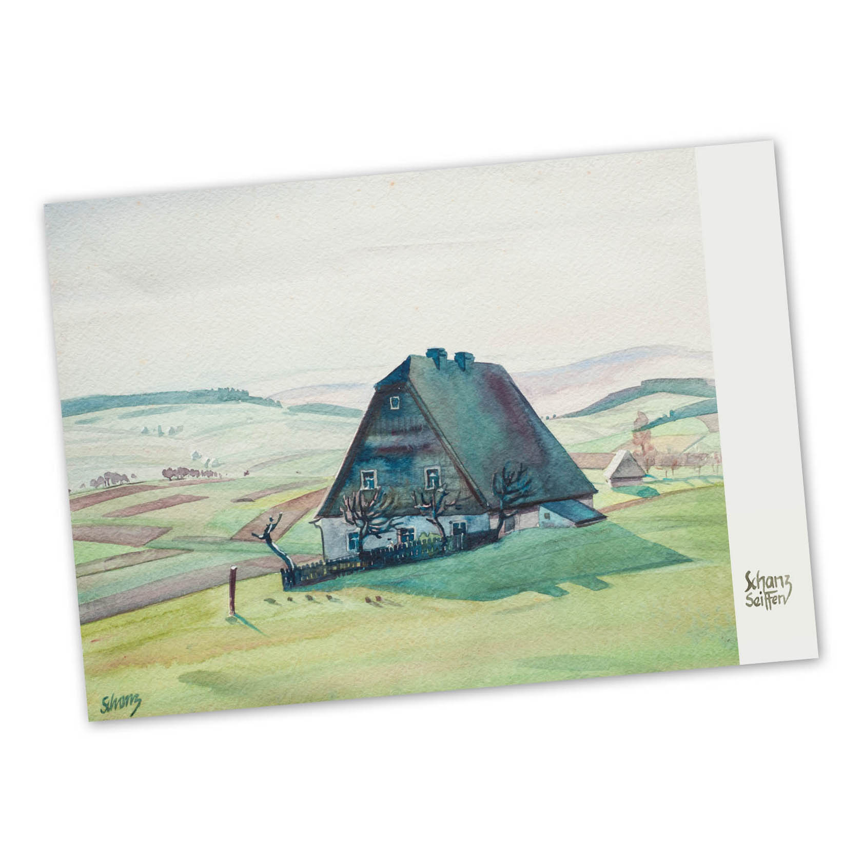 A watercolor painting by Max Schanz depicting an Erzgebirge house with a steep dark roof in a hilly landscape, suggesting a peaceful rural setting. im Dregeno Online Shop günstig kaufen