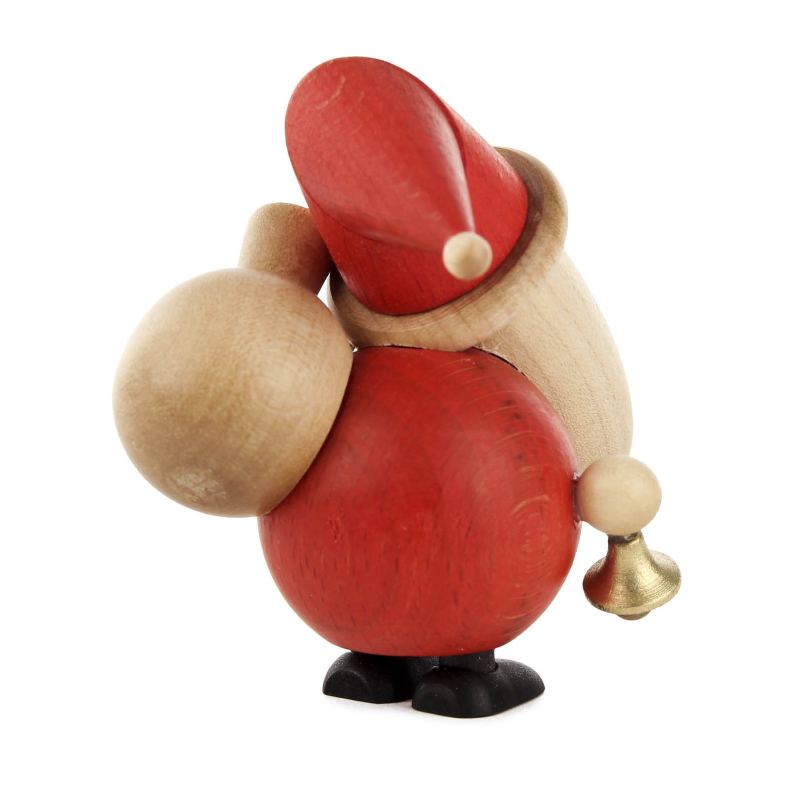 Holzfigur eines Weihnachtsmanns in rot, der eine Glocke in der linken Hand hält. Der Kopf ist nach unten geneigt, trägt eine rote Mütze.