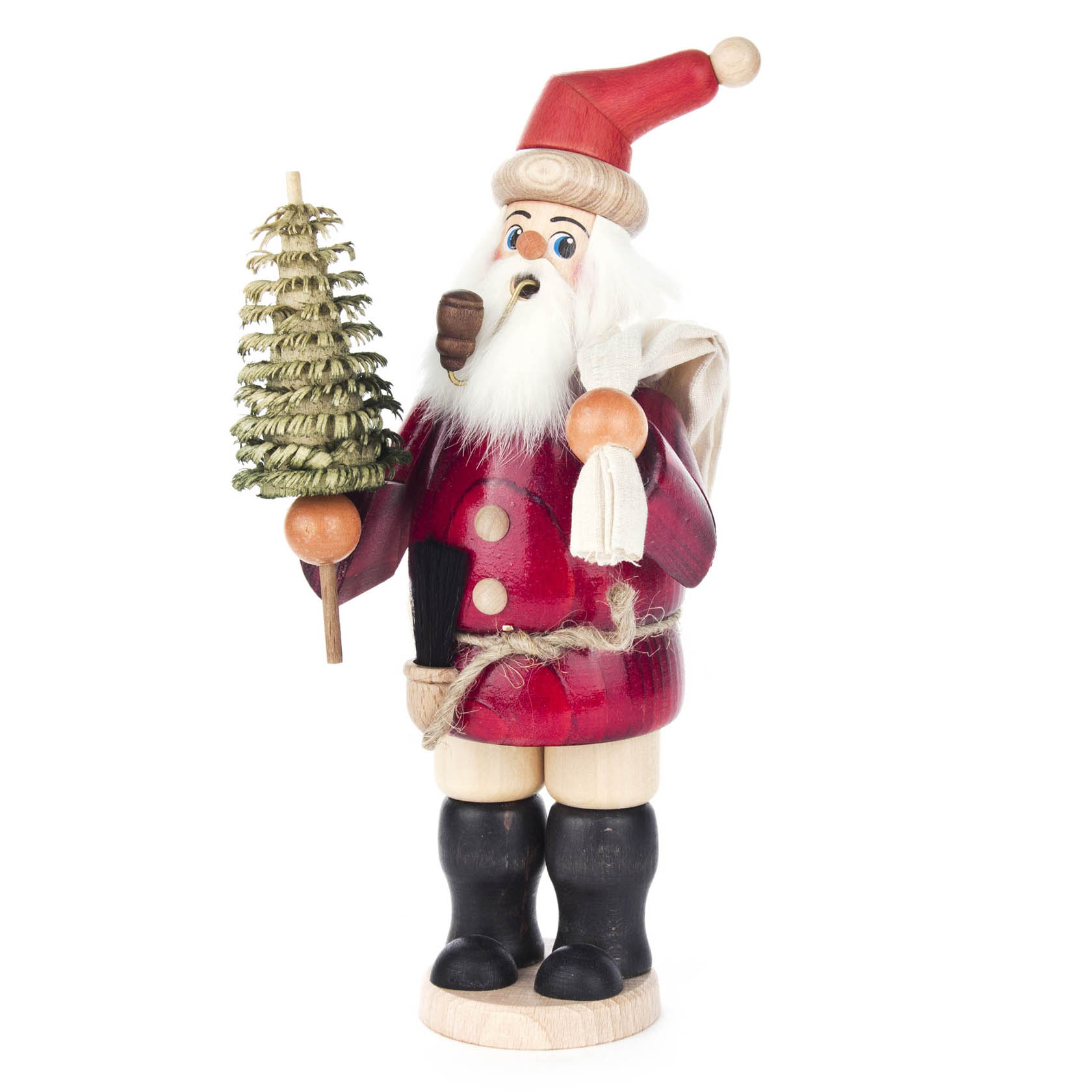 Holzfigur eines Räuchermanns als Weihnachtsmann mit rotem Mantel, weißem Bart, Pfeife und kleinem Weihnachtsbaum in der Hand. im Dregeno Online Shop günstig kaufen