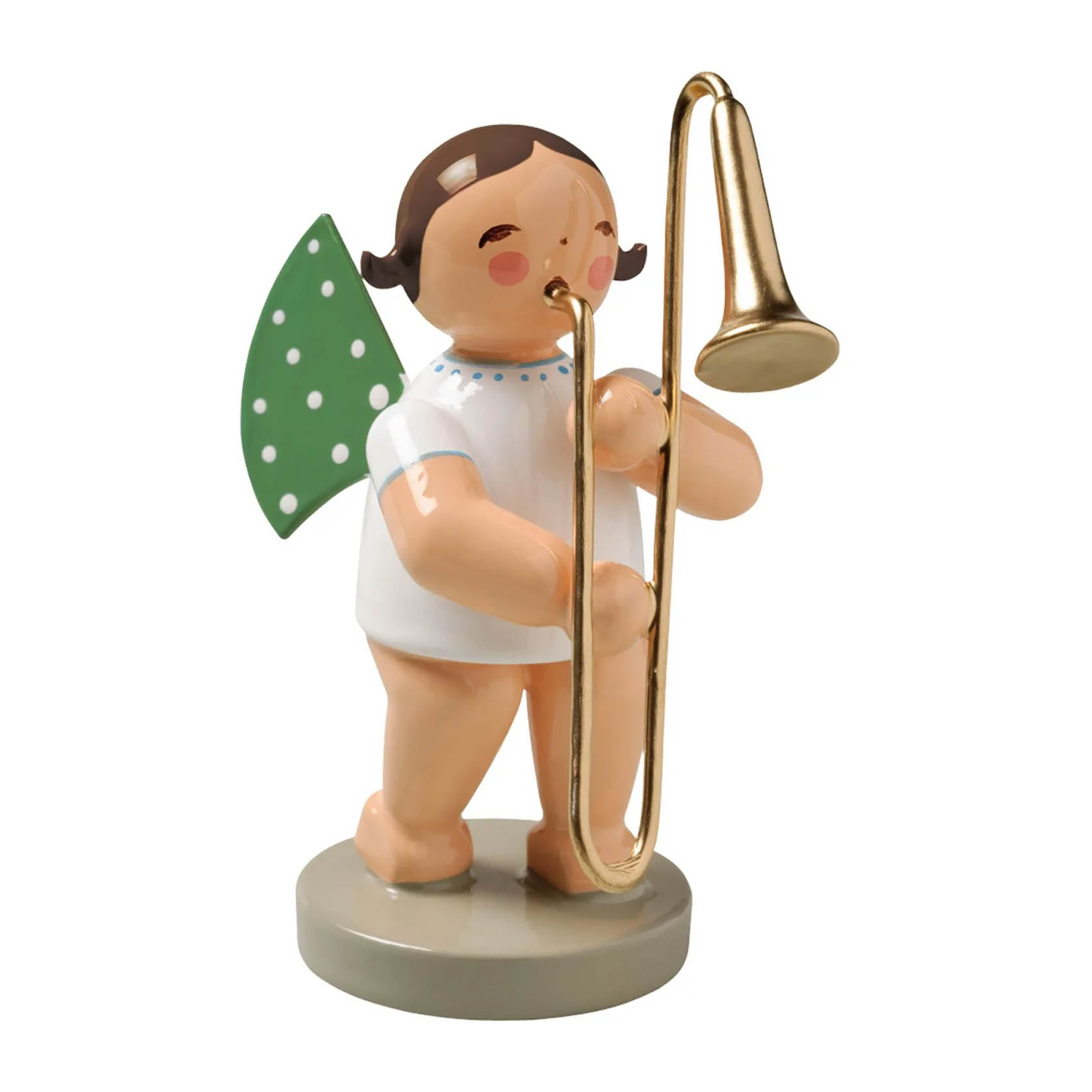 Wendt & Kühn Engel mit hellbraunem Haar und grün gepunkteten Flügeln spielt goldene Zugposaune. Figur auf rundem Sockel. im Dregeno Online Shop günstig kaufen