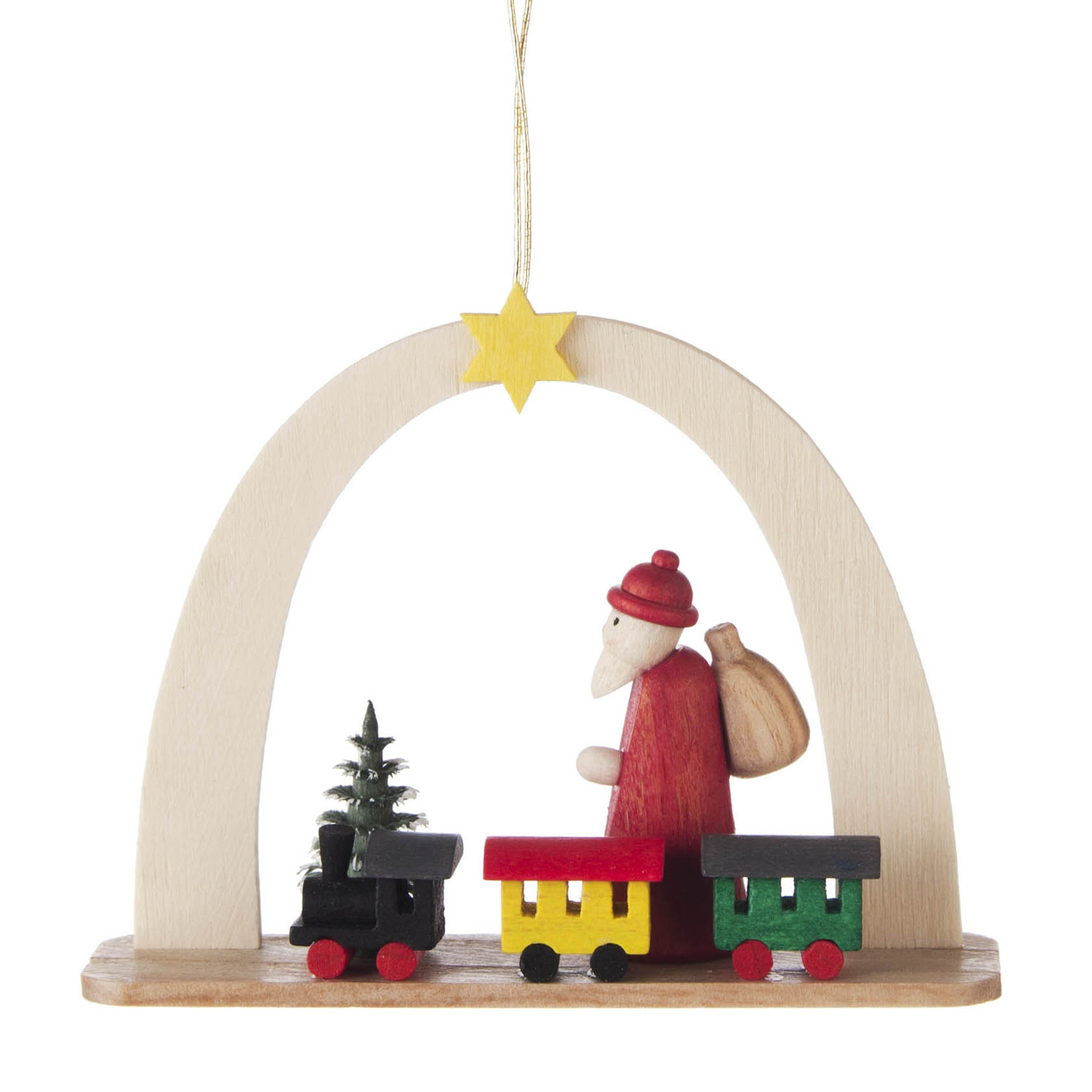 Ein Behang mit einem hölzernen Weihnachtsmann, der eine Mütze trägt und einen Sack hält, neben einem bunten Spielzeugzug unter einem Stern. im Dregeno Online Shop günstig kaufen
