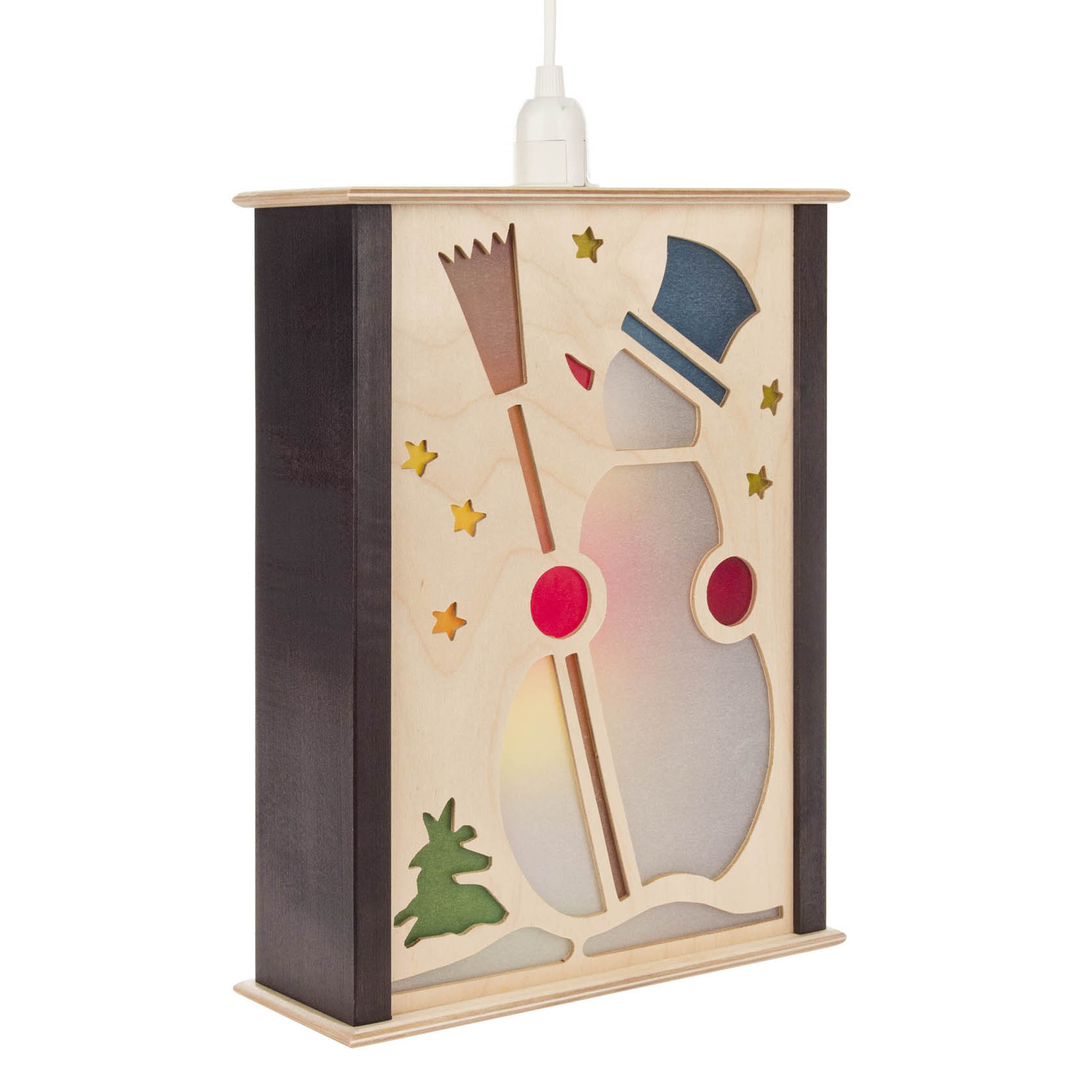 Wooden window lantern featuring a snowman with a broom, adorned with colorful stars and a small green tree.