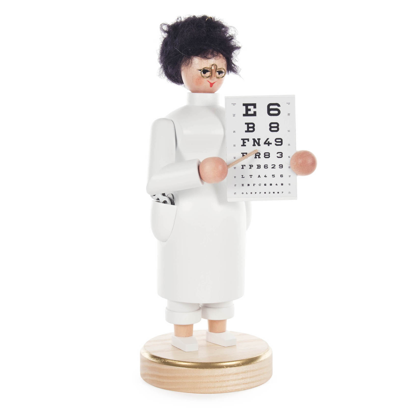 A wooden incense figure of a female ophthalmologist dressed in white, holding an eye chart in her hand, standing on a wooden base. im Dregeno Online Shop günstig kaufen