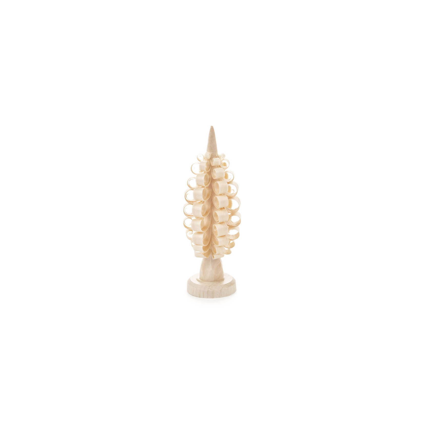 Ein kleiner, naturbelassener Spanbaum mit einer Höhe von 8 cm auf einem runden Sockel. Die Holzspäne sind spiralförmig um einen zentralen Stamm angeordnet. im Dregeno Online Shop günstig kaufen