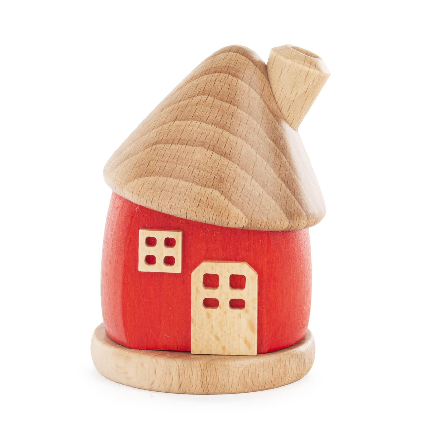 Kleines rotes Räucherhaus aus Holz mit naturfarbenem Dach und Schornstein, auf rundem Sockel stehend. im Dregeno Online Shop günstig kaufen