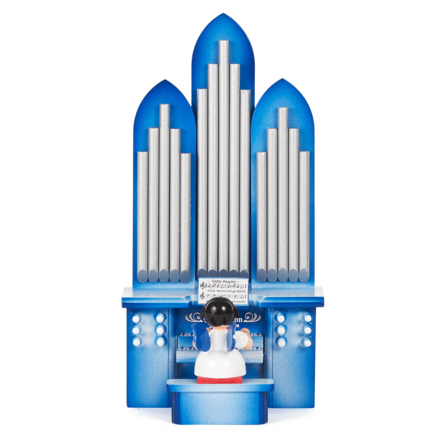 Holzengel mit blauen Flügeln spielt an einer großen Orgel mit silbernen Pfeifen und Musikblatt, das auf der Orgel steht. im Dregeno Online Shop günstig kaufen