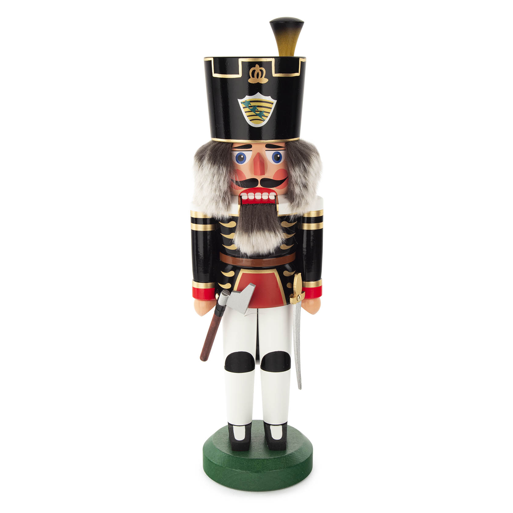 A 40cm tall black and white nutcracker in the figure of a miner, with a red jacket, bushy white beard, and traditional miner's hat. im Dregeno Online Shop günstig kaufen