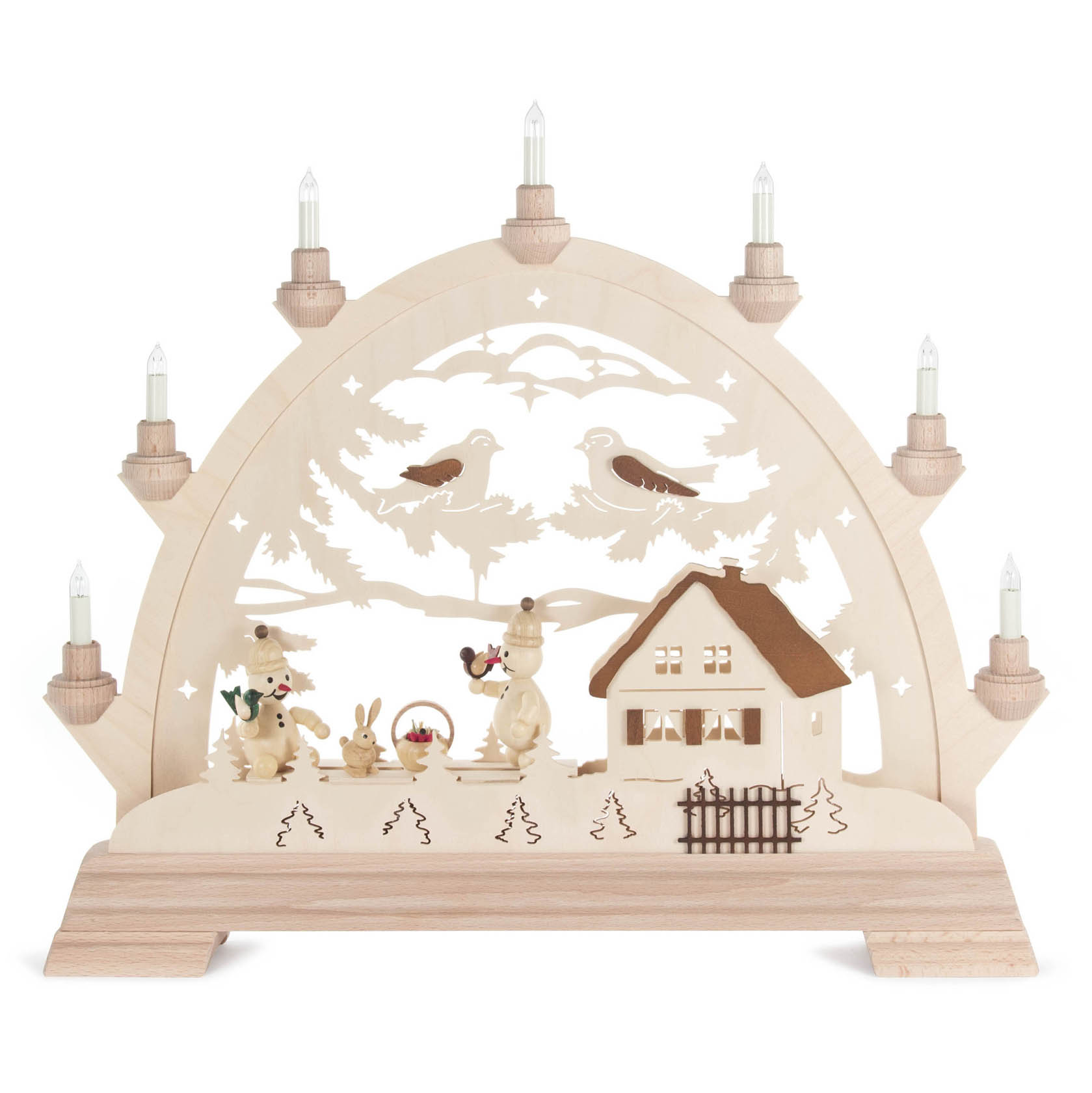 Holzbogen mit zwei Schneemännern, einem Hasen und einem Haus, elektrisch beleuchtet mit sieben Kerzen. im Dregeno Online Shop günstig kaufen
