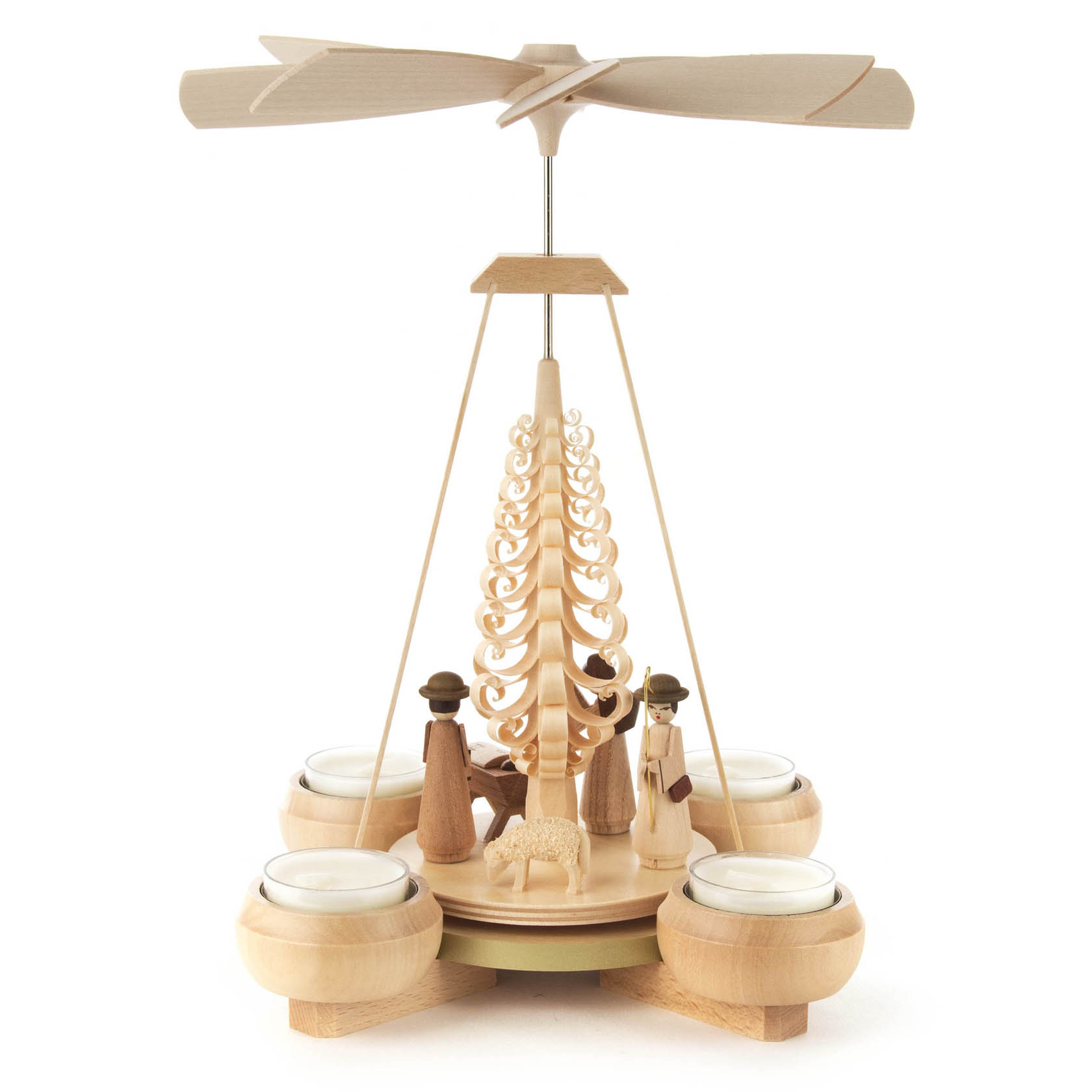 Holzpyramide mit vier Teelicht-Haltern, einem sich drehenden Flügelrad und Figuren der Christi Geburt: Maria, Josef, das Christkind und ein Schaf.