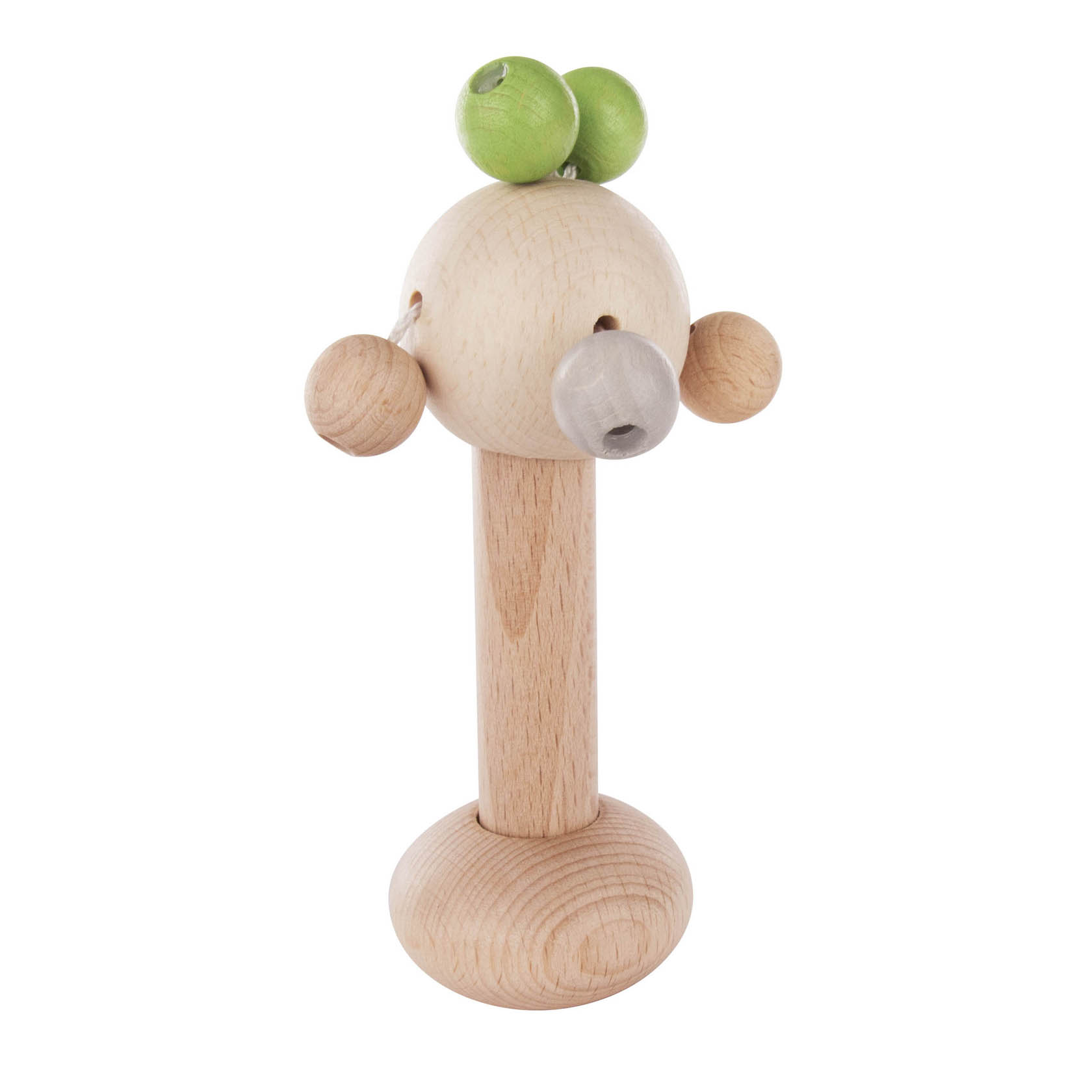 Holzrassel in Form eines Baumstamms mit zwei grünen Holzperlen drauf, aus hellem Holz gefertigt. im Dregeno Online Shop günstig kaufen