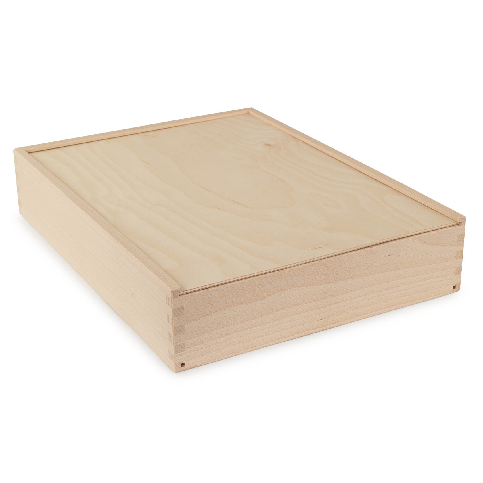Rechteckiger Holzkasten mit klaren Linien und glatter Oberfläche. Der Kasten ist geschlossen und besteht aus hellem Holz. im Dregeno Online Shop günstig kaufen