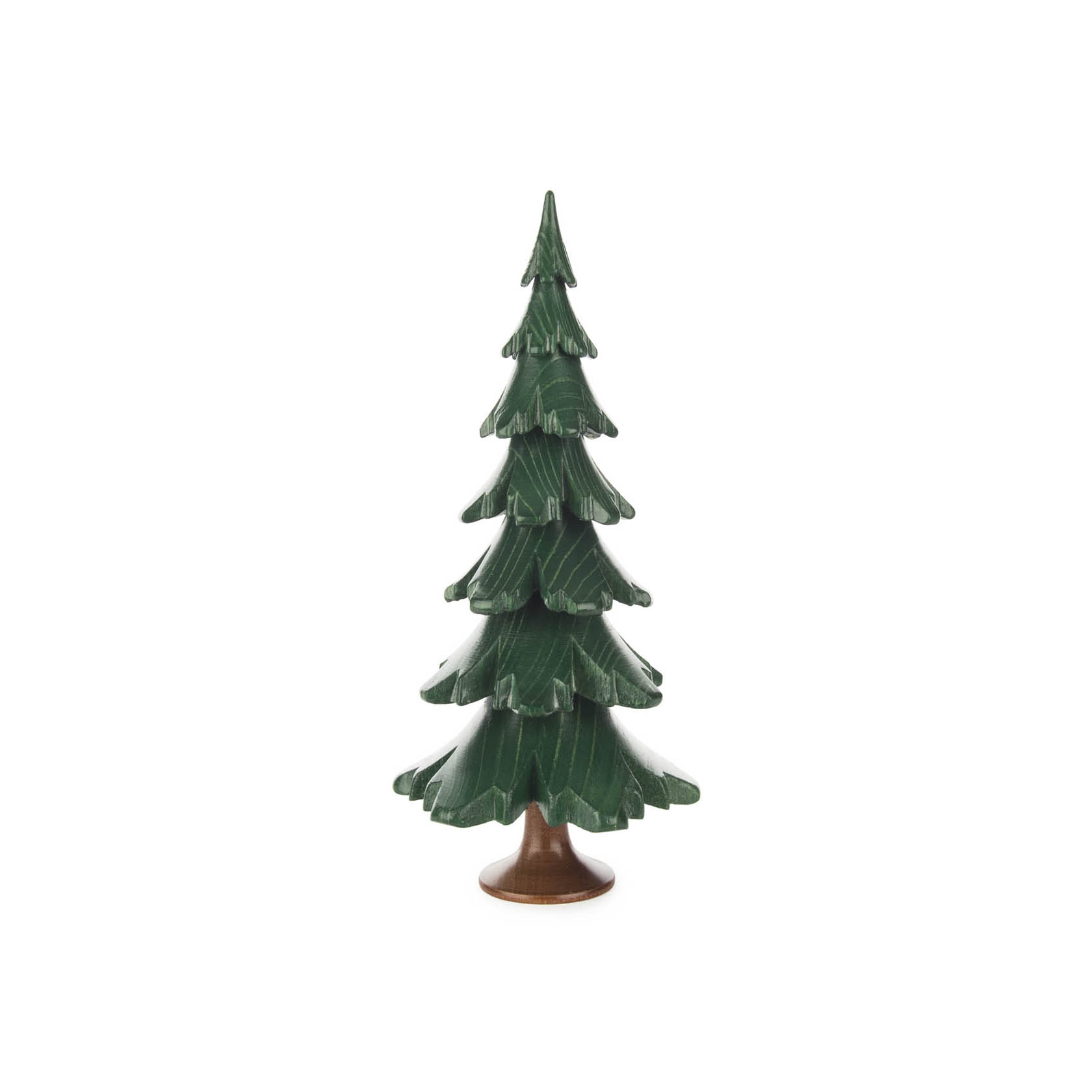 Ein 19 cm hoher Weihnachtsbaum aus grün lasiertem Massivholz, stehend auf einem braunen Standfuß, ideal als Dekoration. im Dregeno Online Shop günstig kaufen