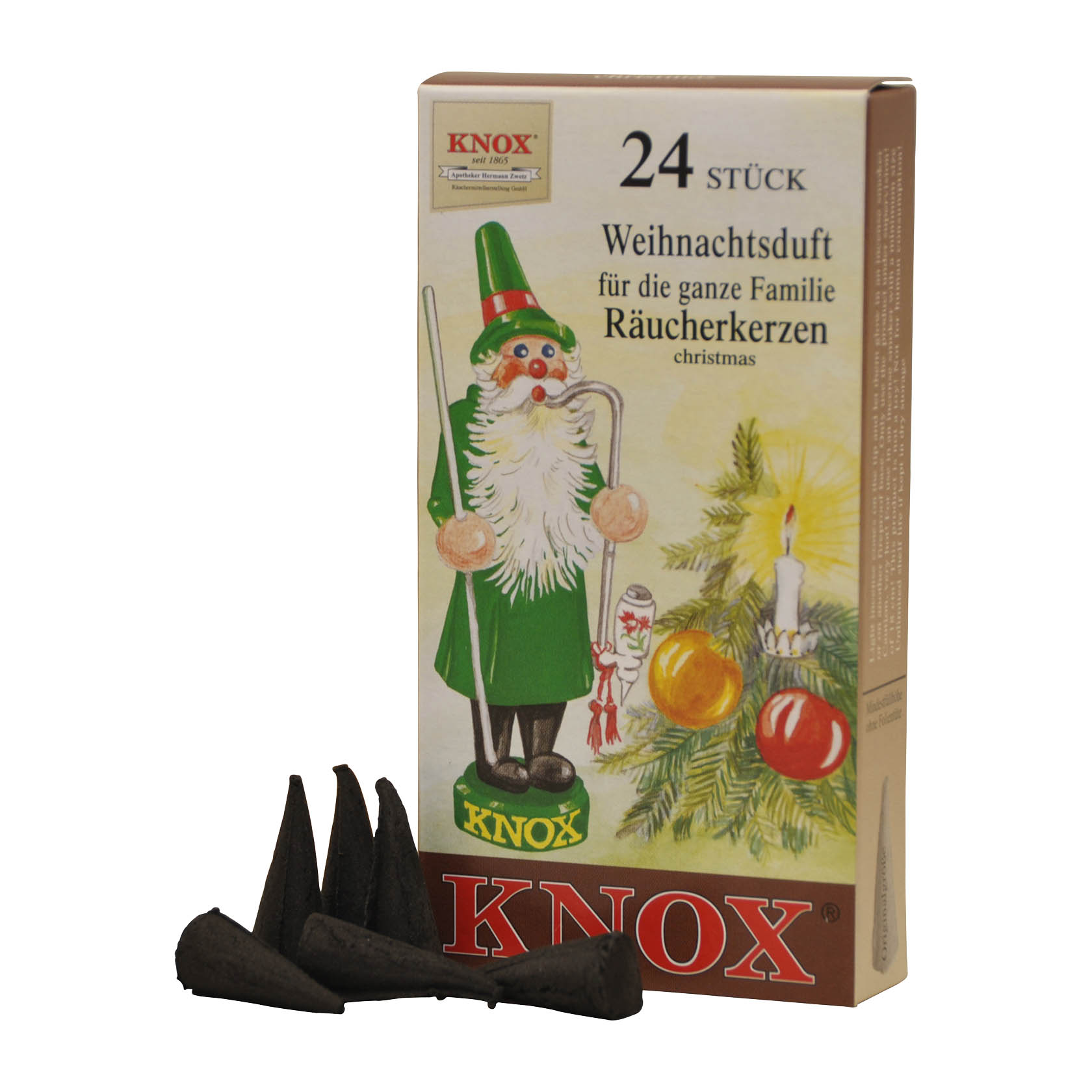 Eine Schachtel KNOX Räucherkerzen mit Weihnachtsduft, abgebildet ist ein grüner Weihnachtsmann und drei rauchende Räucherkerzen-Kegel. im Dregeno Online Shop günstig kaufen