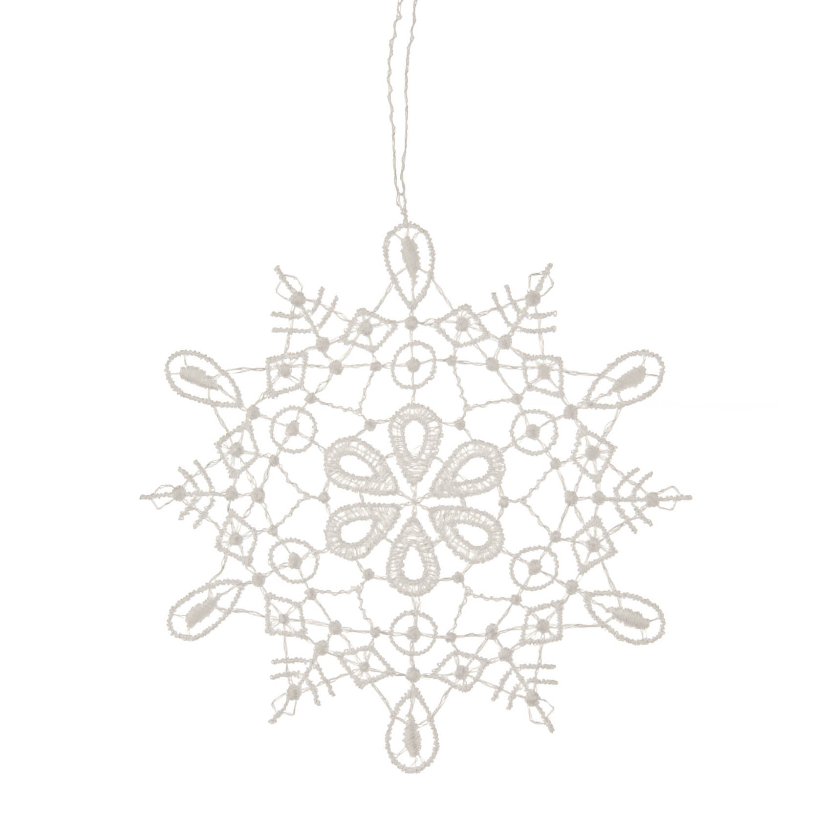 Fein gearbeiteter, weißer Schneestern aus Spitze mit symmetrischem Muster und Aufhängung. im Dregeno Online Shop günstig kaufen