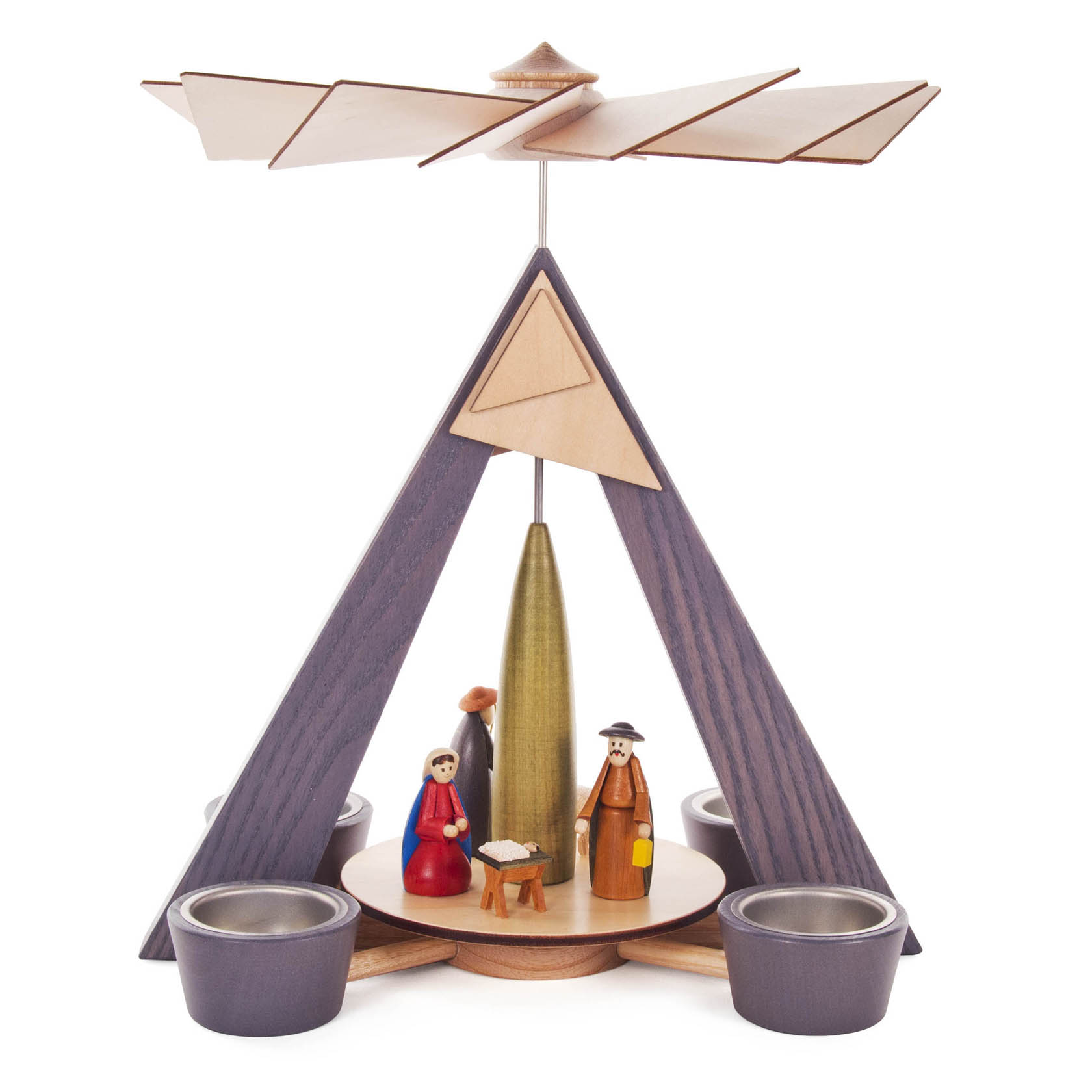 Graue Pyramide mit farbig lasierten Figuren der Geburt Christi, darunter Maria, Josef und Jesus in der Krippe; für Teelichte vorgesehen. im Dregeno Online Shop günstig kaufen