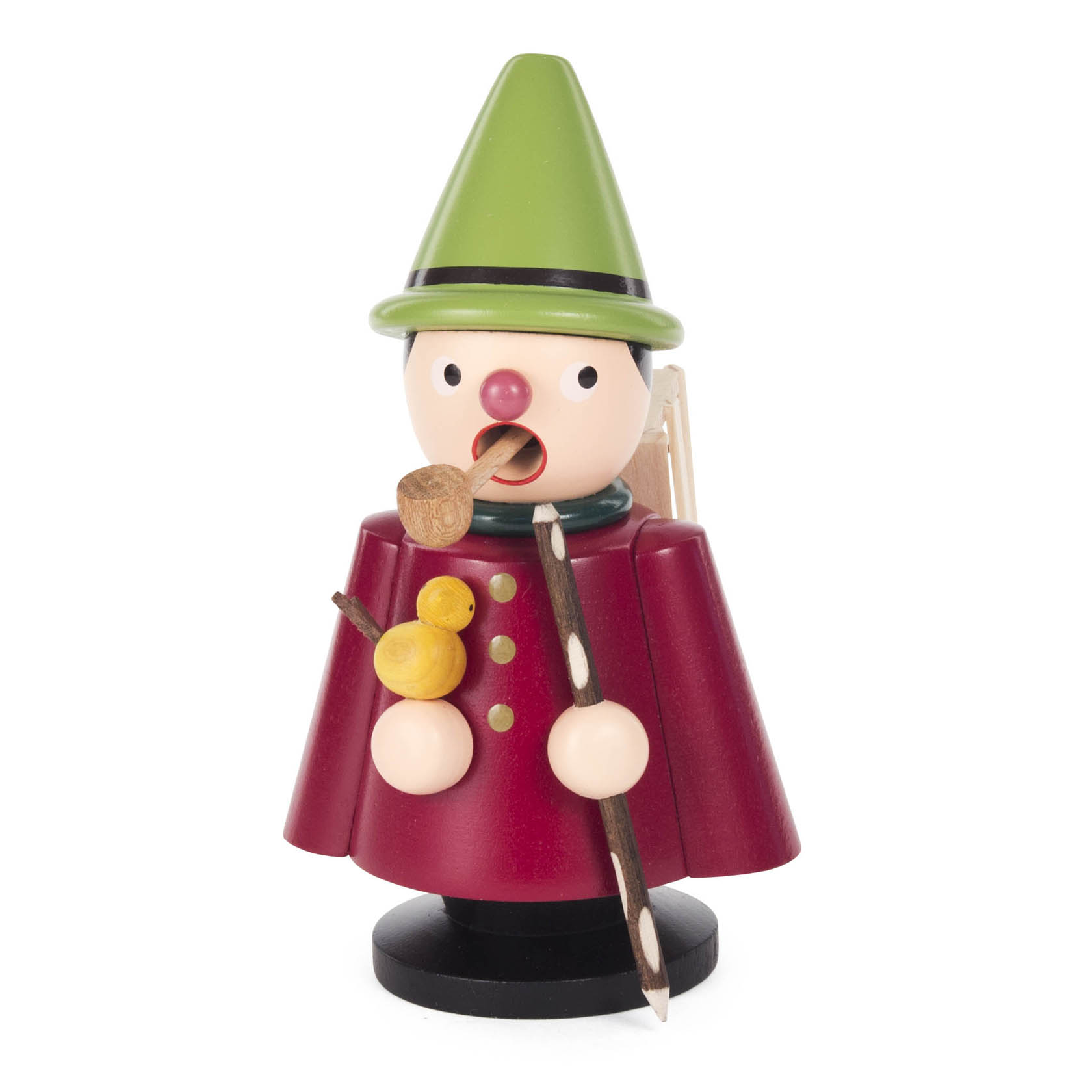 A wooden incense smoker figurine of a bird trader, wearing a green hat and red coat, holding a stick with yellow birds. im Dregeno Online Shop günstig kaufen
