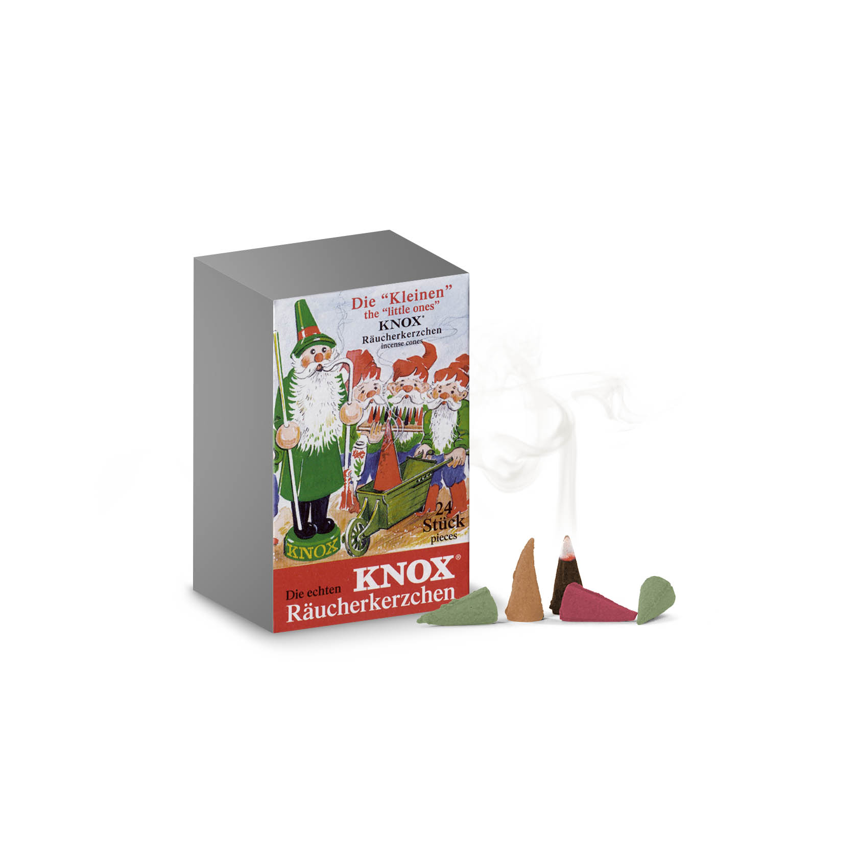 A package of KNOX Mini Incense Cones in a variety of colors, with some cones placed outside the box emitting smoke. im Dregeno Online Shop günstig kaufen