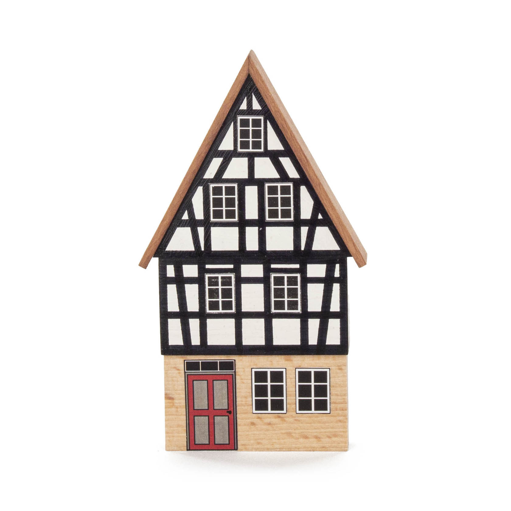 Modell eines Giebelhauses mit Fachwerk, roter Tür und weißen Fenstern. im Dregeno Online Shop günstig kaufen