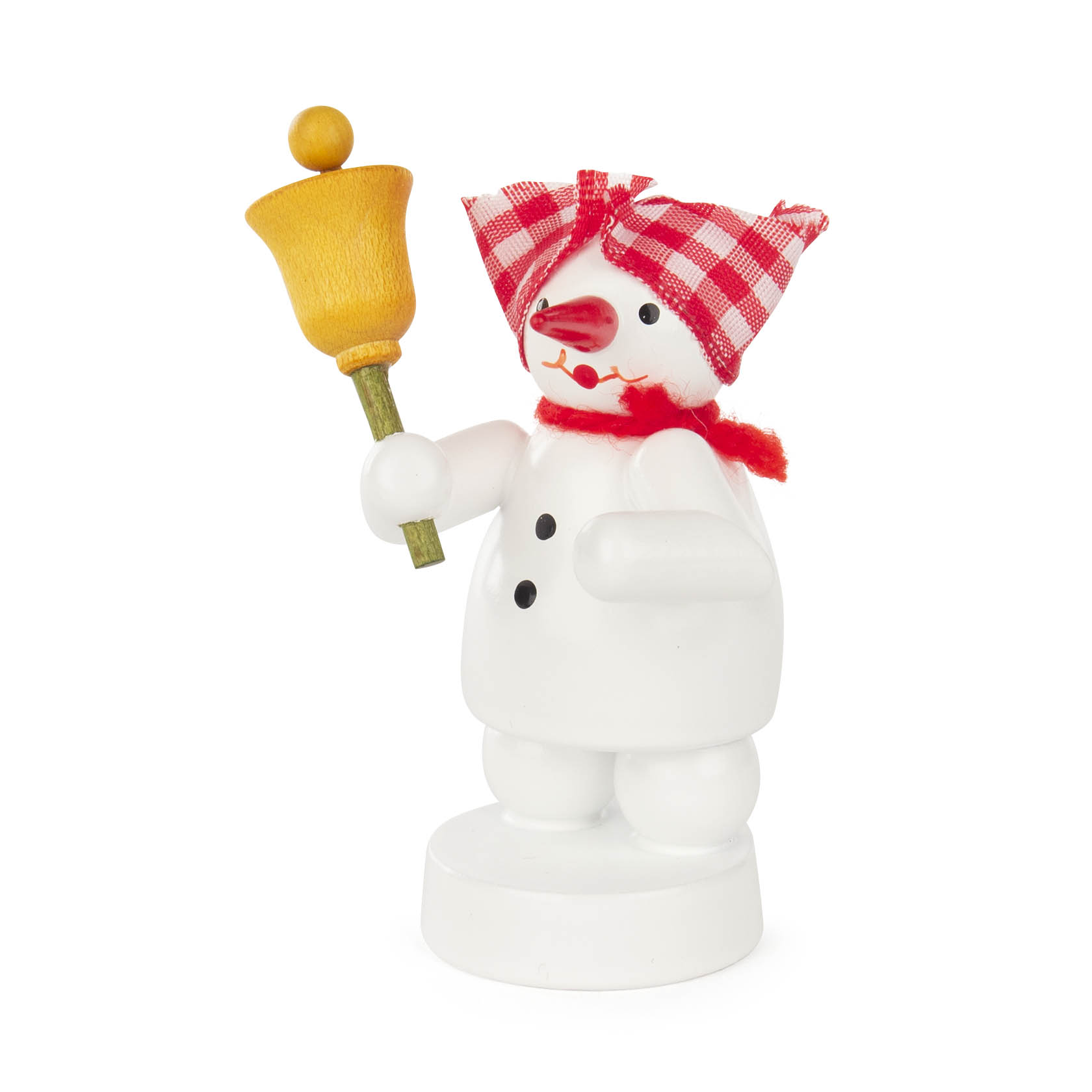 Holzschneemann-Figur mit rotem Schal und Kopftuch, hält eine gelbe Glocke in der rechten Hand. im Dregeno Online Shop günstig kaufen