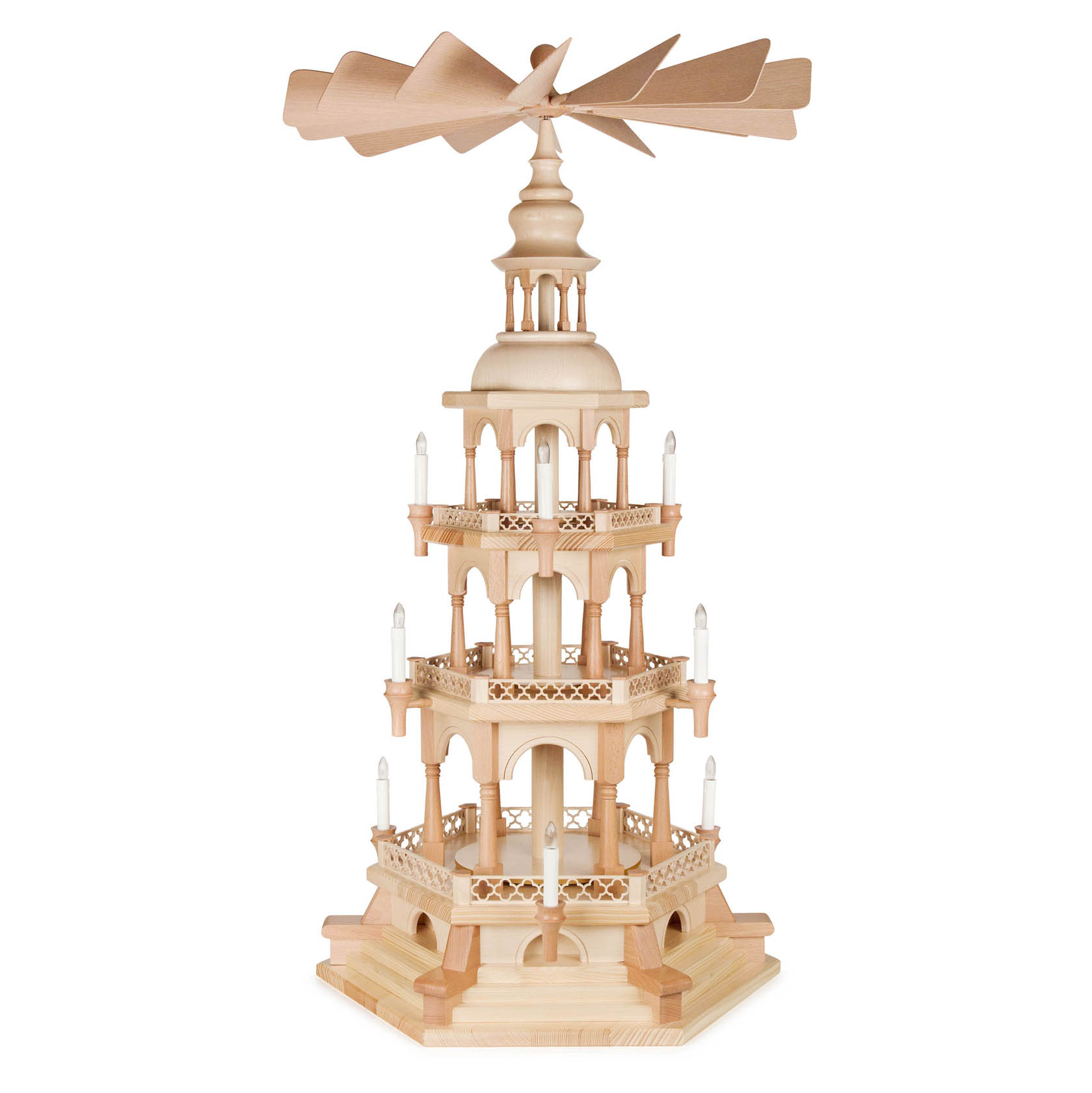 Eine dreistöckige Holzpyramide mit elektrischer Beleuchtung und Antrieb. Auf jeder Etage sind mehrere kleine Lichter angebracht. Oben dreht sich ein großer Propeller. im Dregeno Online Shop günstig kaufen