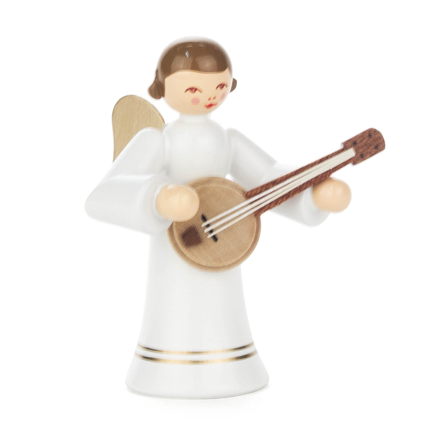 Figur eines Engels mit braunem Haar, weißem langen Kleid und goldenen Flügeln, der ein Banjo hält. im Dregeno Online Shop günstig kaufen