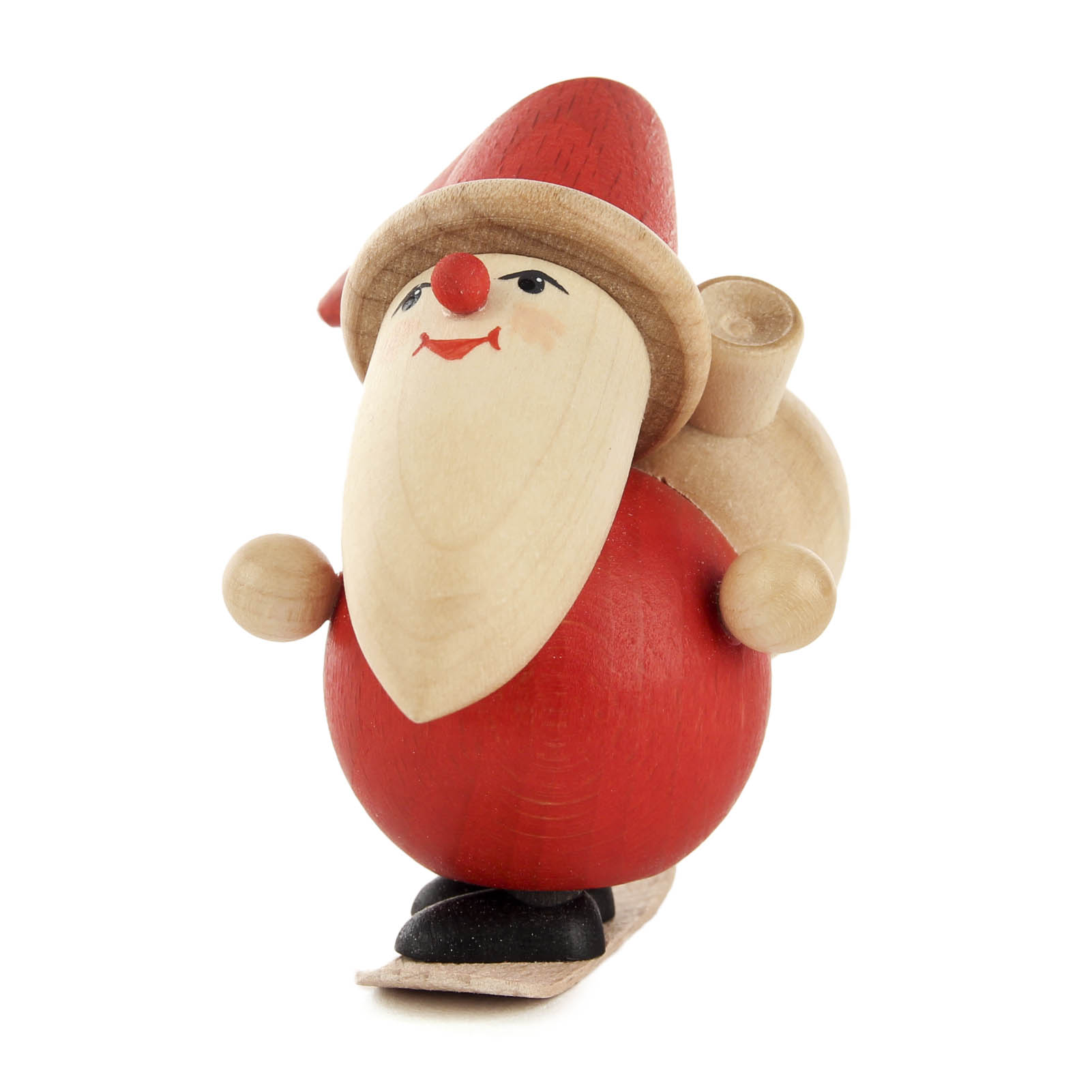 Holzfigur eines Weihnachtsmanns in Rot mit weißem Bart und rundem Gesicht, der auf einem Snowboard steht. im Dregeno Online Shop günstig kaufen