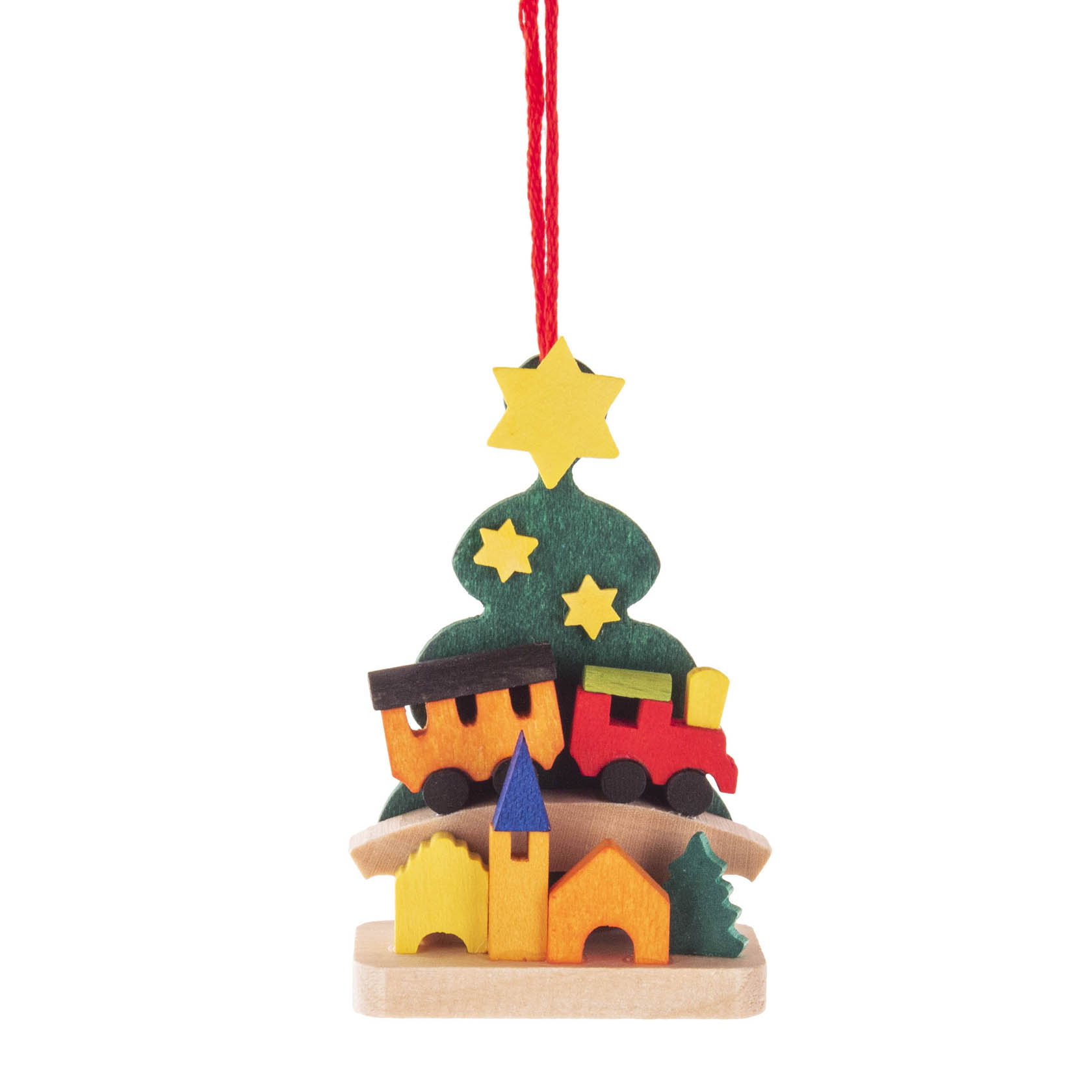 Holz-Christbaumanhänger mit einer bunten Spielzeugeisenbahn und zwei kleinen Häusern darunter, verziert mit einem gelben Stern. im Dregeno Online Shop günstig kaufen