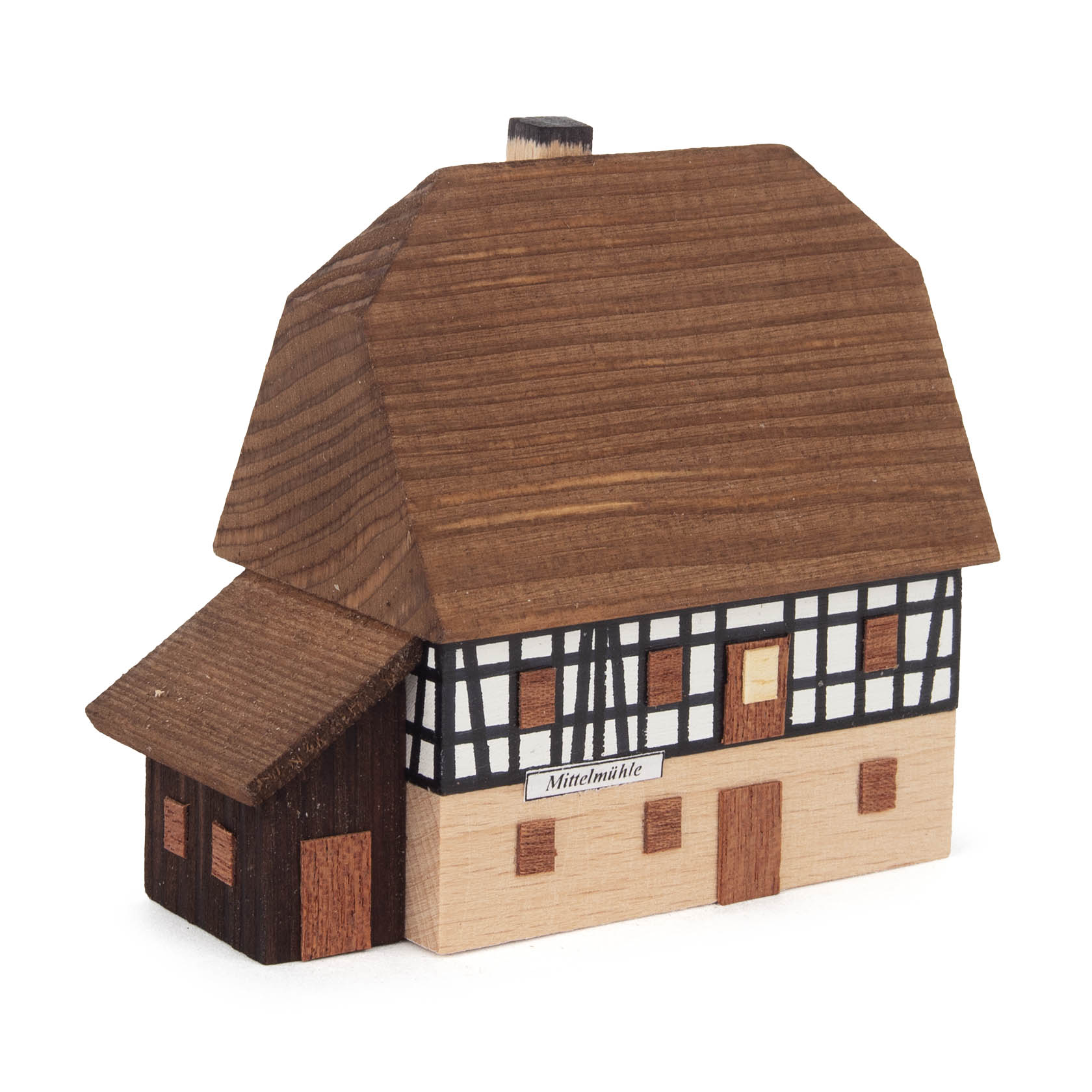 Holzmodell einer zweistöckigen Fachwerk-Wassermühle mit großem Satteldach, Aufschrift 'Mittelmühle' an der Fassade. im Dregeno Online Shop günstig kaufen