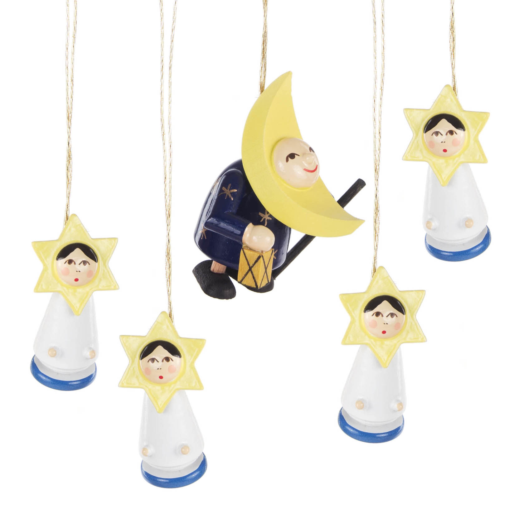 Hängender Weihnachtsbaumschmuck: Ein lächelnder Mond mit blauem Mantel und vier weiße Engel mit gelben Sternen um den Kopf. im Dregeno Online Shop günstig kaufen