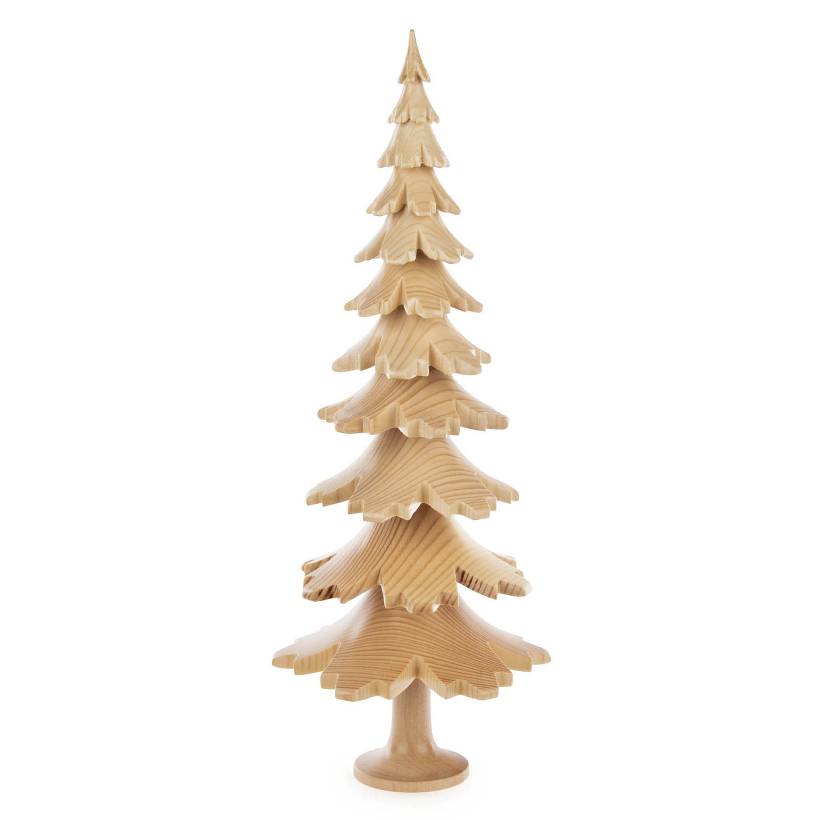 A 38 cm tall carved wooden tree with natural finish and layered branches, resembling a fir tree. im Dregeno Online Shop günstig kaufen