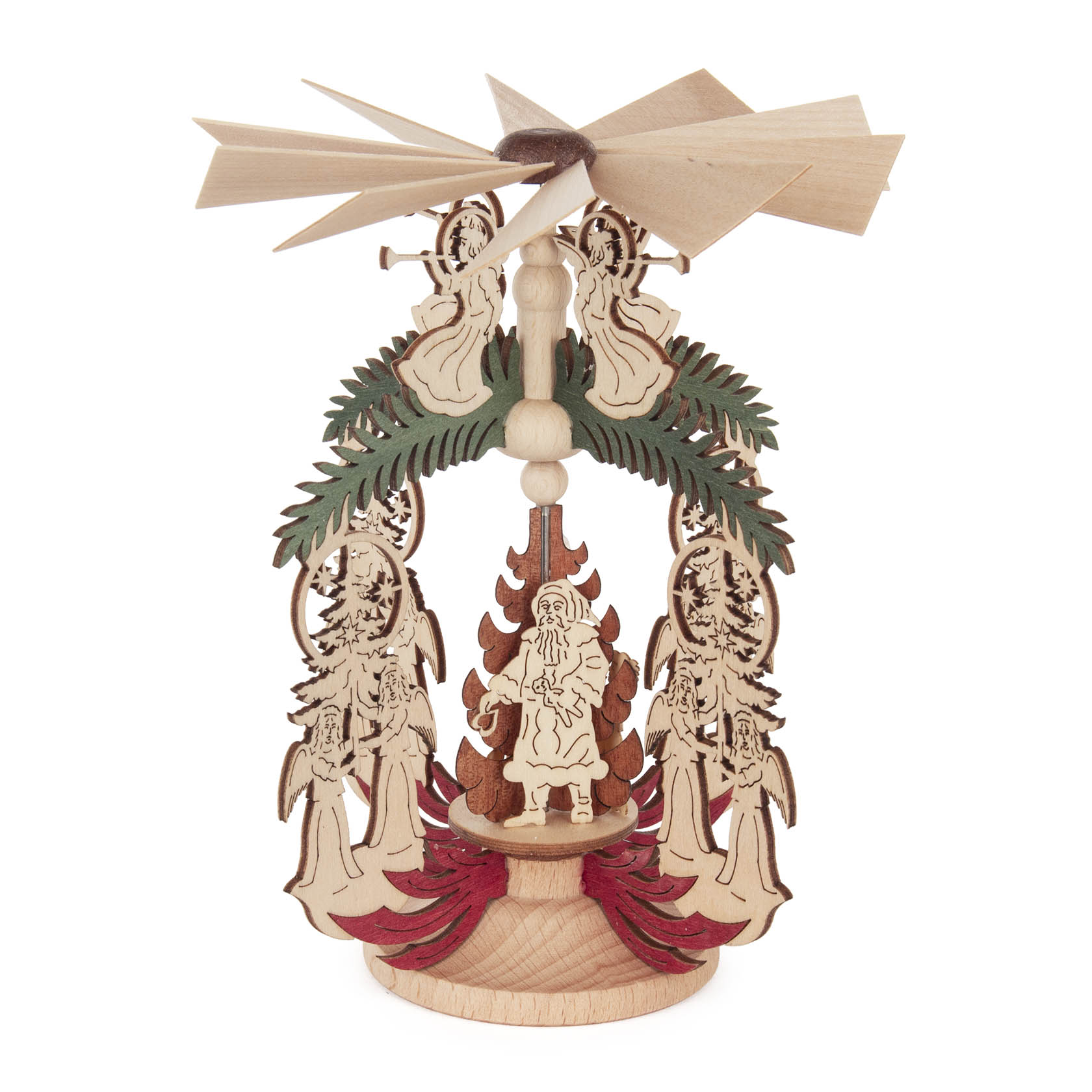 Traditionelle Weihnachts-Pyramide aus Holz mit einem Weihnachtsmann und zwei Bäumen darauf, verziert mit Engeln und Kindern, die eine festliche Szene darstellen. im Dregeno Online Shop günstig kaufen