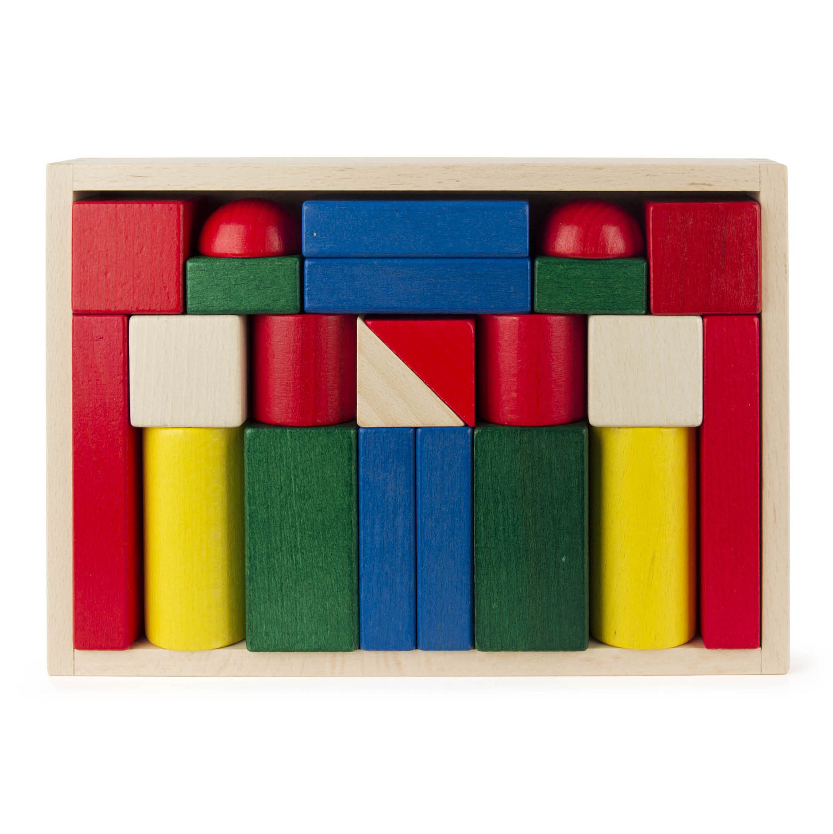 Ein Satz farbiger Holzbausteine, bestehend aus 22 Teilen in Rot, Blau, Grün und Gelb, die zu einer rechteckigen Form zusammengelegt sind. im Dregeno Online Shop günstig kaufen