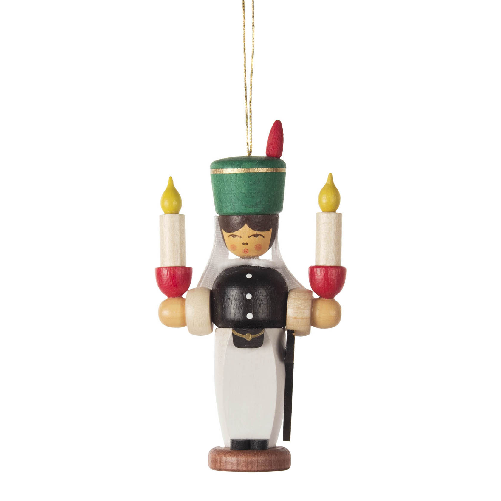 Holzfigur eines Bergmanns als Baumbehang mit grüner Mütze und zwei Kerzenhaltern in den Händen. im Dregeno Online Shop günstig kaufen