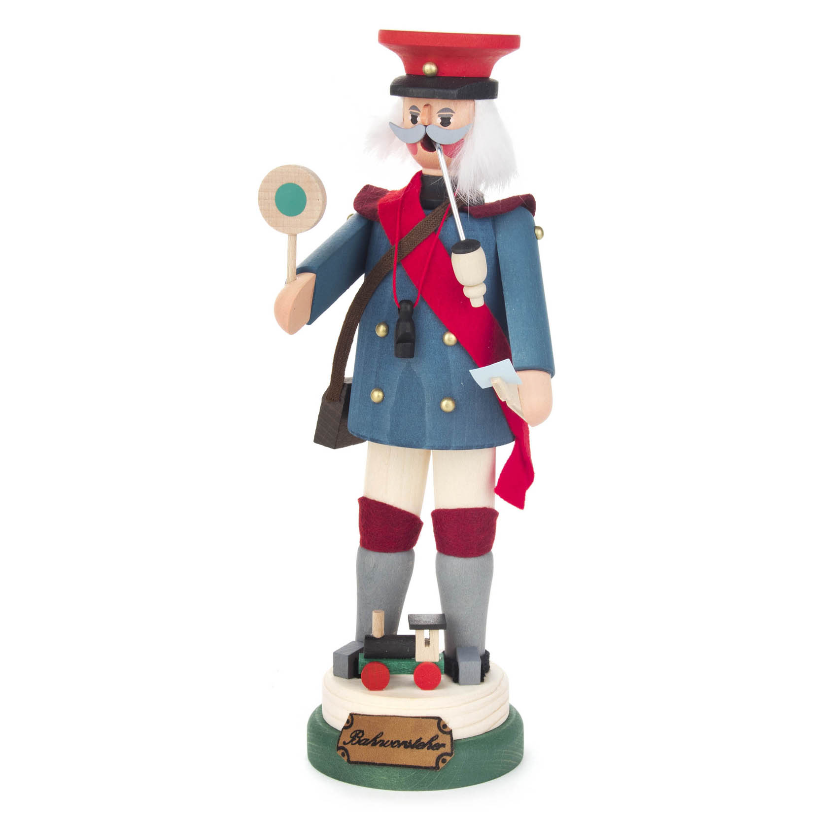 Holzfigur eines Räuchermanns in der Gestalt eines Bahnvorstehers mit blauer Uniform, roter Mütze, rotem Schal und Stoppsignal in der Hand. im Dregeno Online Shop günstig kaufen