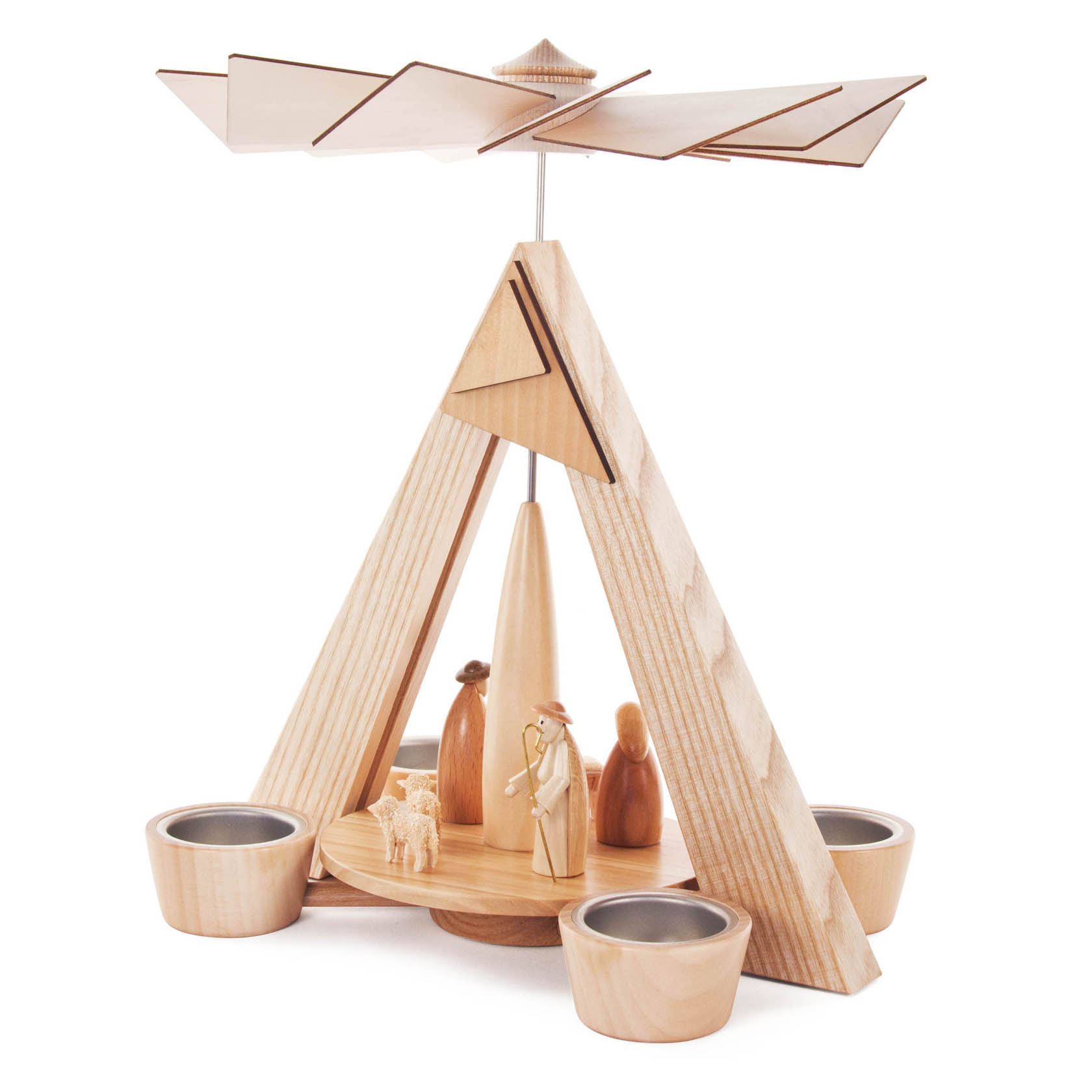 Wooden pyramid for tealights depicting the nativity scene, featuring figurines of Mary, Joseph, and baby Jesus, with a spinning top structure.