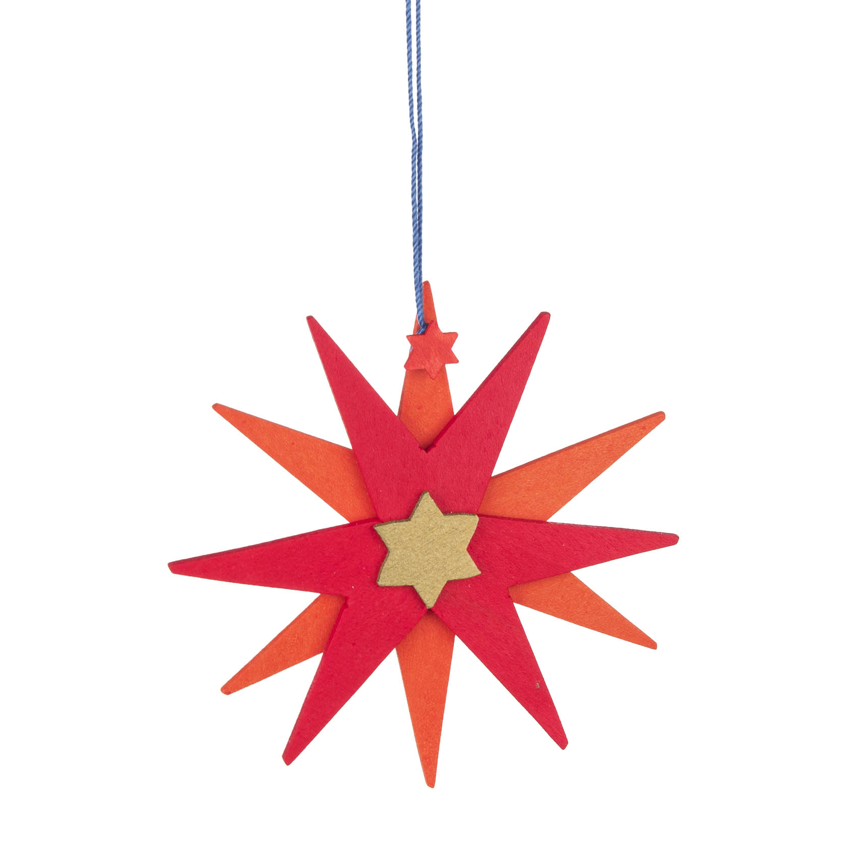 Ein dekorativer Weihnachtsstern aus roten und orangen Filzspitzen, aufgehängt an einer blauen Kordel, mit einem kleinen goldenen Stern in der Mitte.