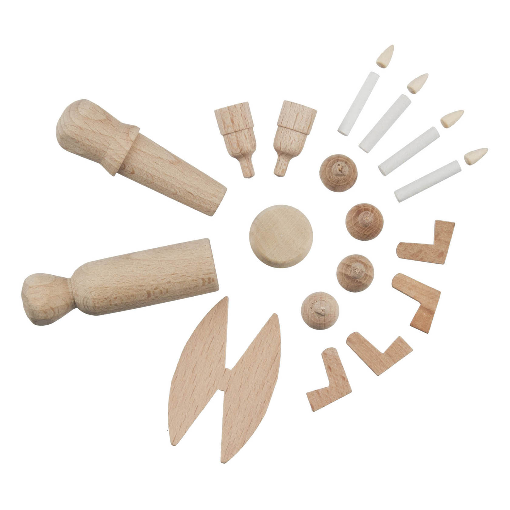 Ein Bastelset bestehend aus Holzbauteilen zum Zusammenbauen von zwei Figuren: einem Engel und einem Bergmann. Enthält Körperteile, Flügel, Köpfe und kleine Kerzen.