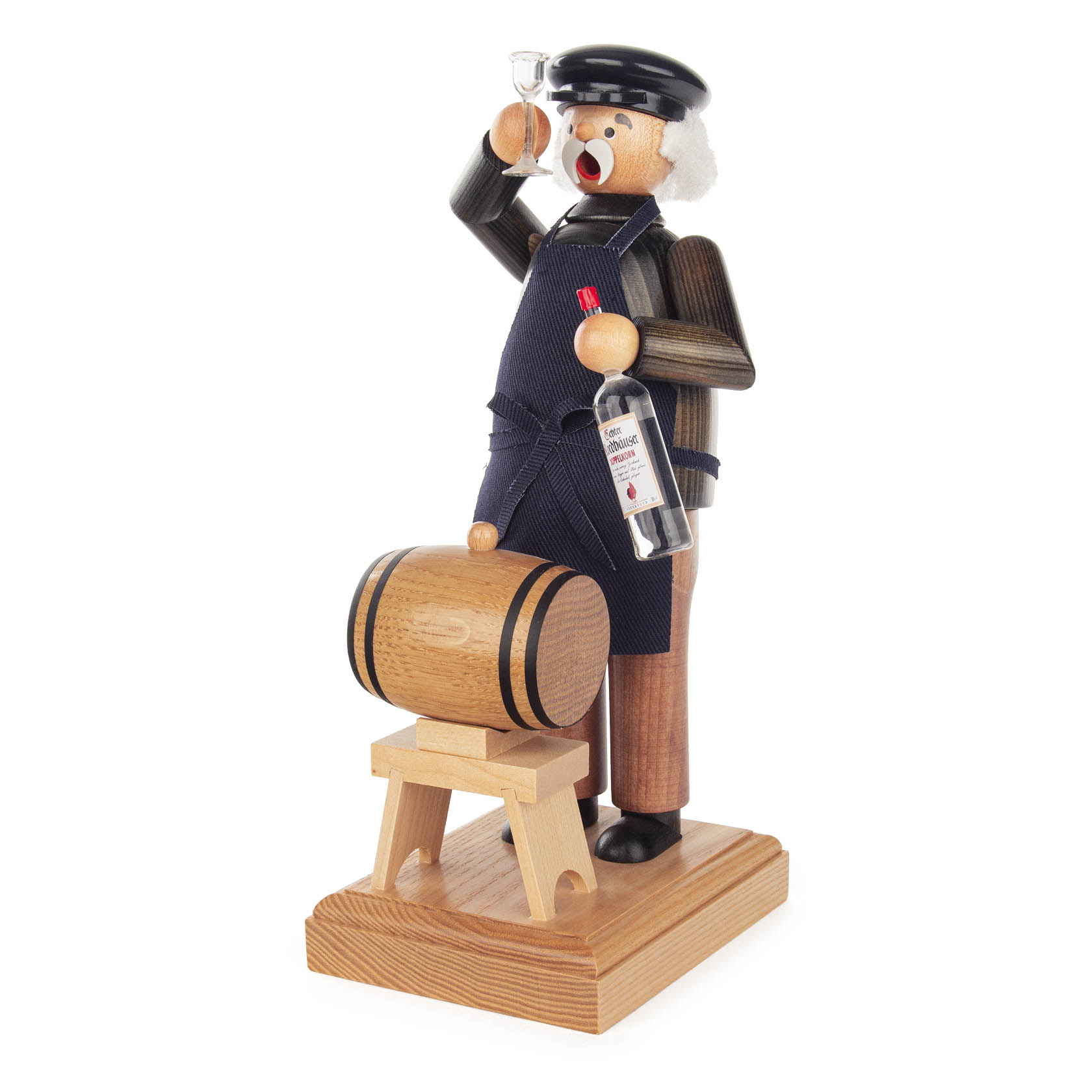 A wooden incense smoker figure of a schnapps distiller holding a bottle and raising a glass next to a small wooden barrel. im Dregeno Online Shop günstig kaufen