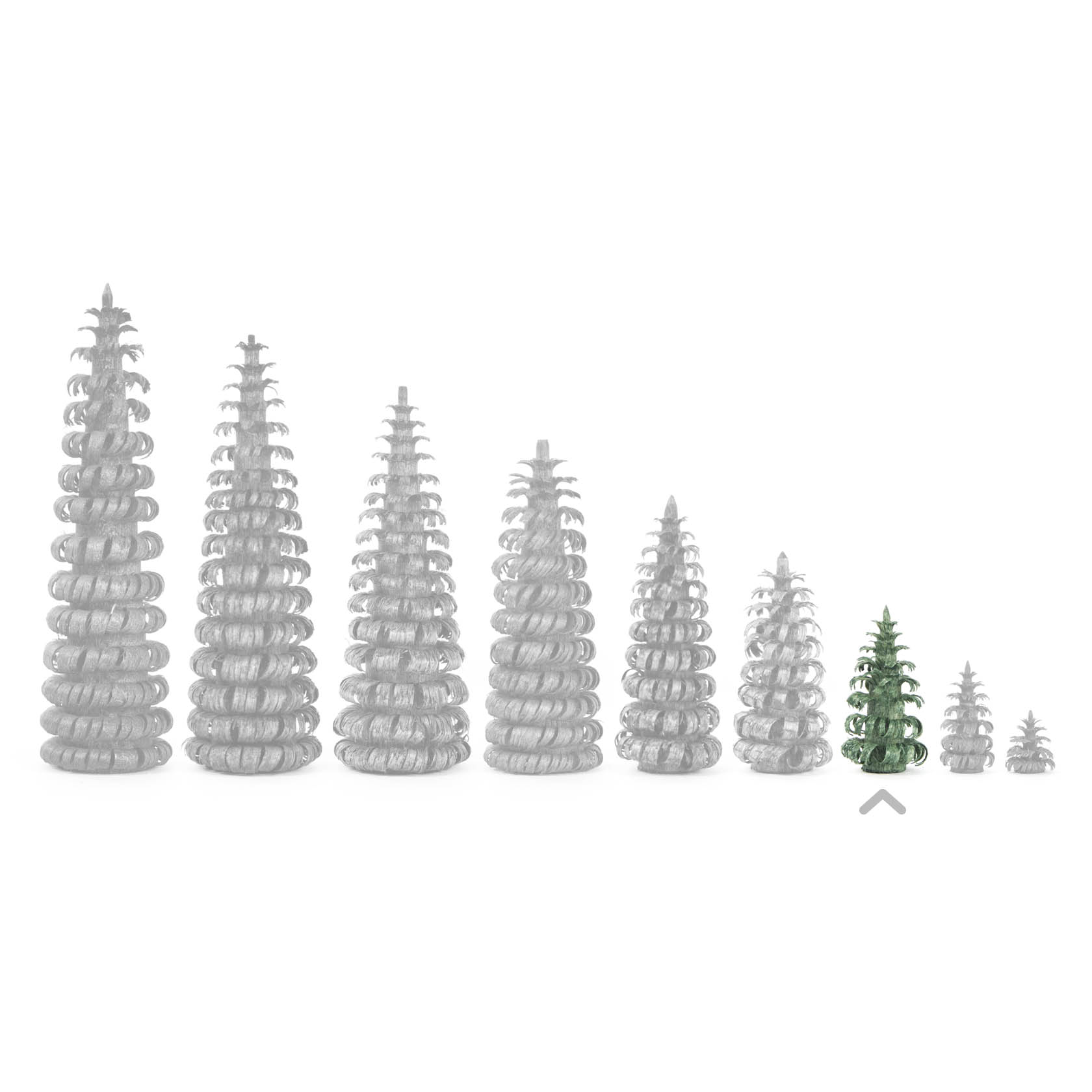 Ein kleiner, grüner Ringelbaum aus Kunststoff mit einer Höhe von 3 cm, stehend in einer Reihe schlichter grauer Ringelbäume, die nach Größe geordnet sind.