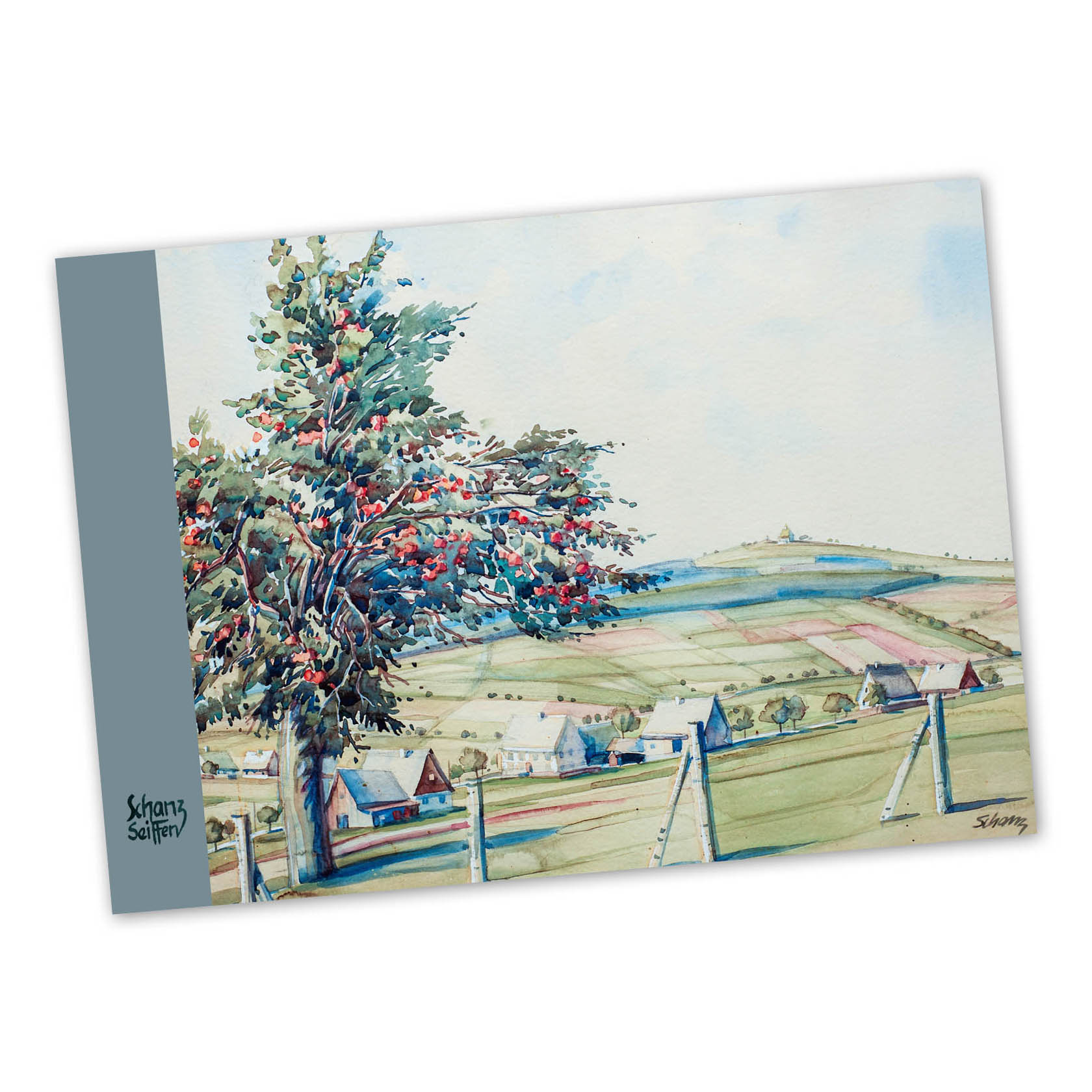 A painting depicts an early autumn scene in the mountains with a prominent tree bearing red berries in the foreground, surrounded by countryside cottages. im Dregeno Online Shop günstig kaufen