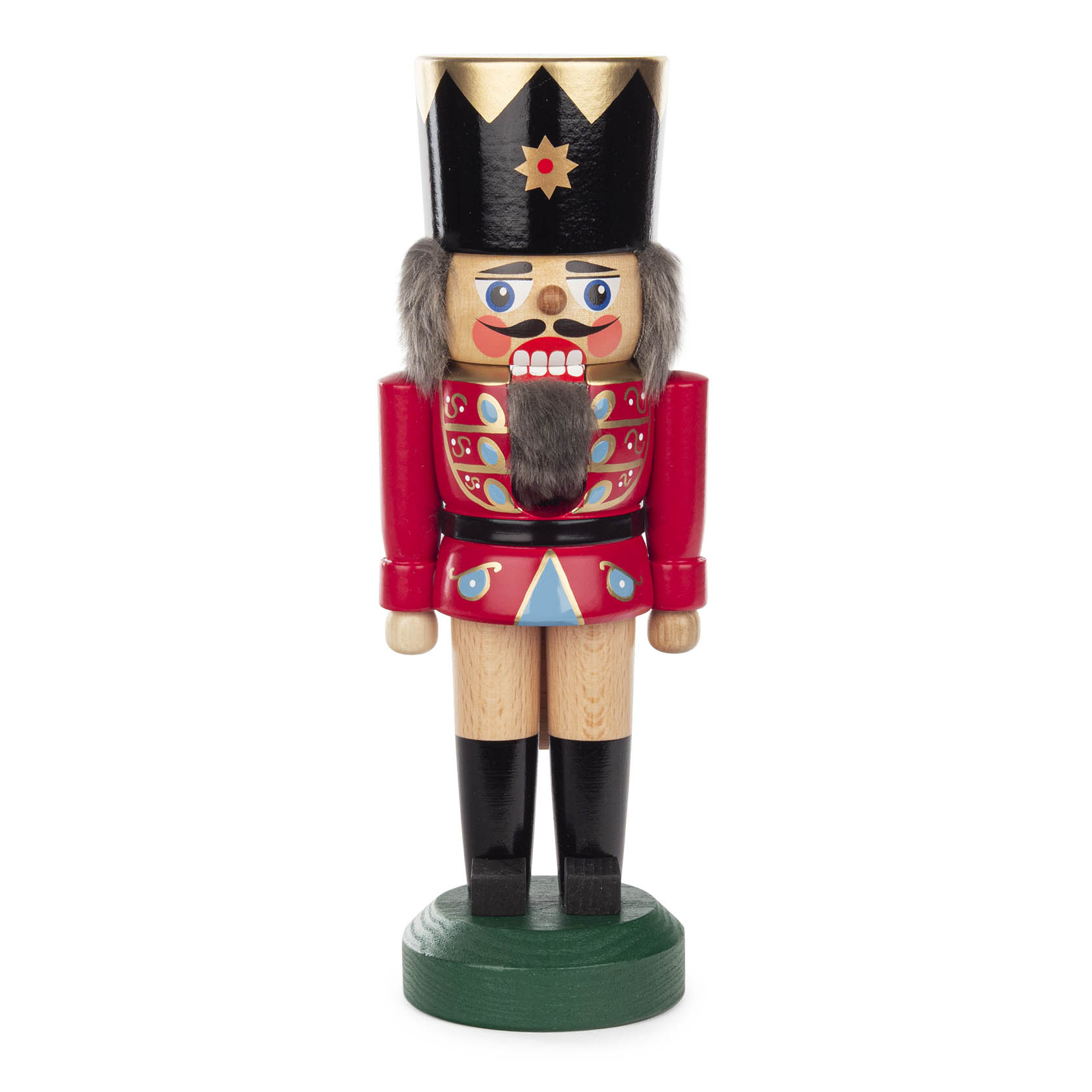 Red and natural colored nutcracker king, wearing a red uniform with black boots, a crown, and detailed facial features, standing 22cm tall. im Dregeno Online Shop günstig kaufen